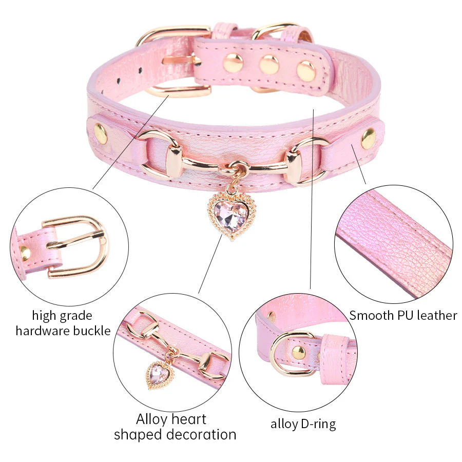 Adjustable PU Leather Dog Collar with Crystal Heart Charm - Image 8