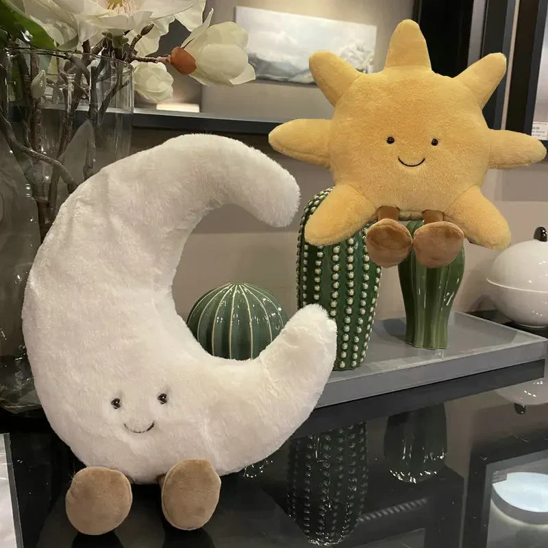 Adorable Smile Face White Moon Yellow Sun Plushie Stuffed Cute Cartoon Weather Plush Toy for Kid Bedroom Decor Sofa Throw Pillow - Image 3
