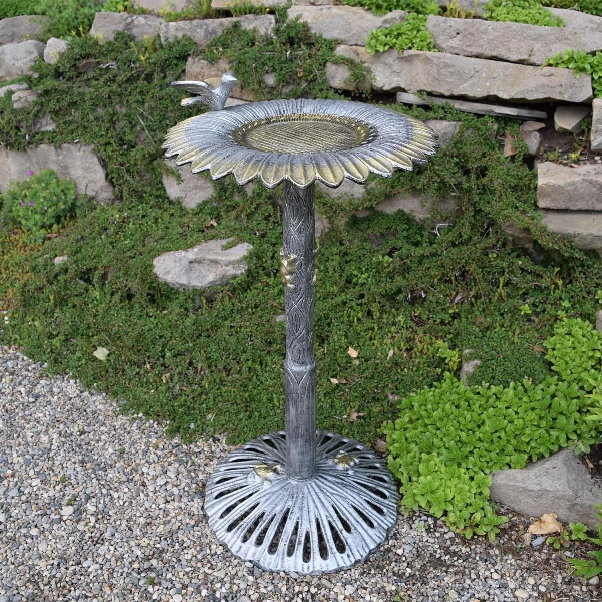 Antique Pewter Sunflower Design Aluminum Birdbath, Silver - Image 2