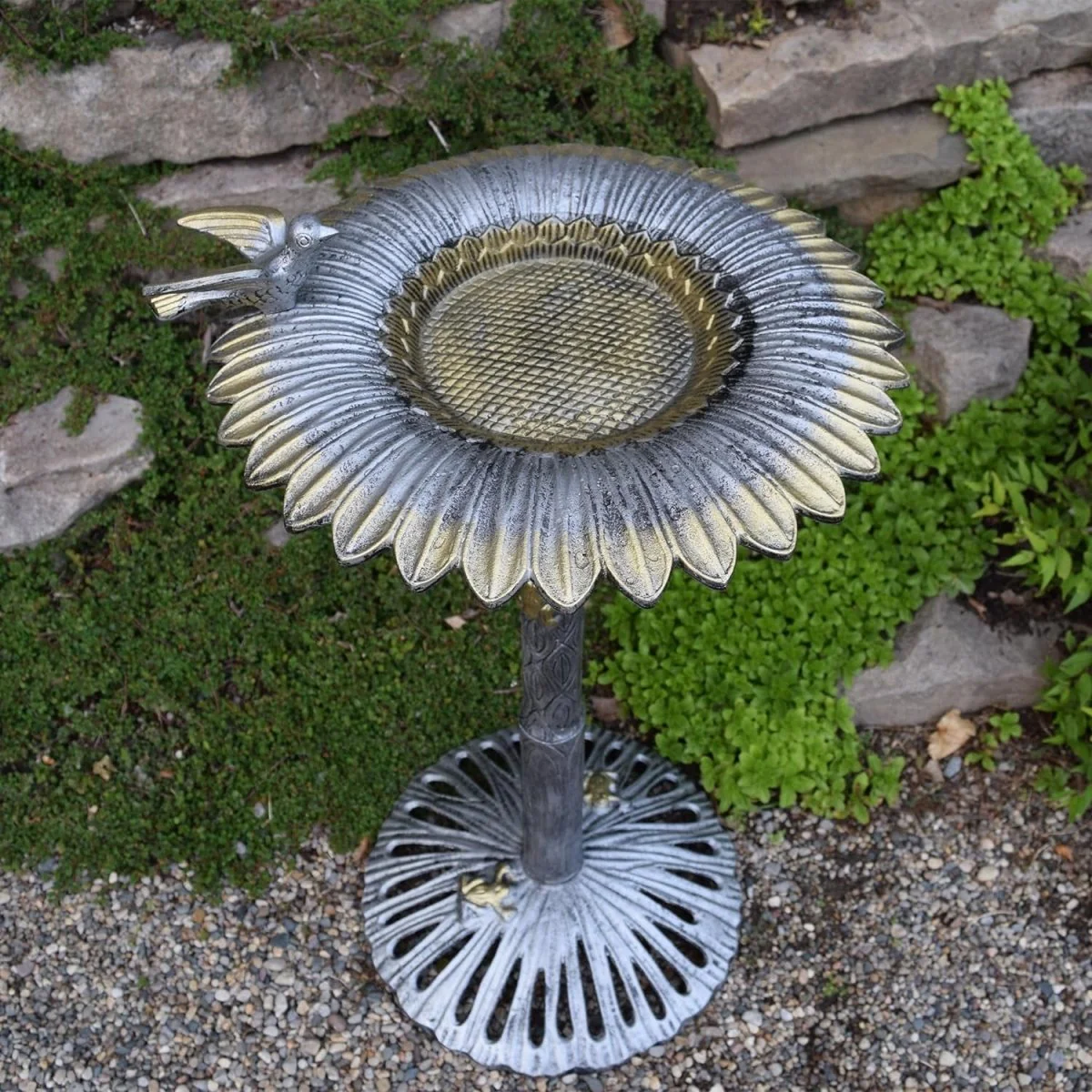 Antique Pewter Sunflower Design Aluminum Birdbath, Silver - Image 3