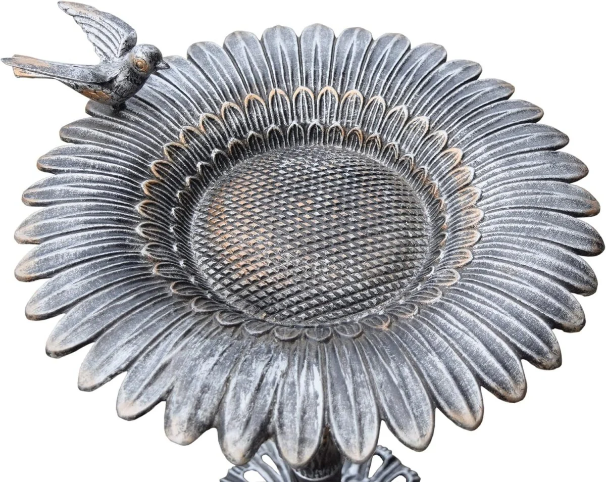 Antique Pewter Sunflower Design Aluminum Birdbath, Silver - Image 4