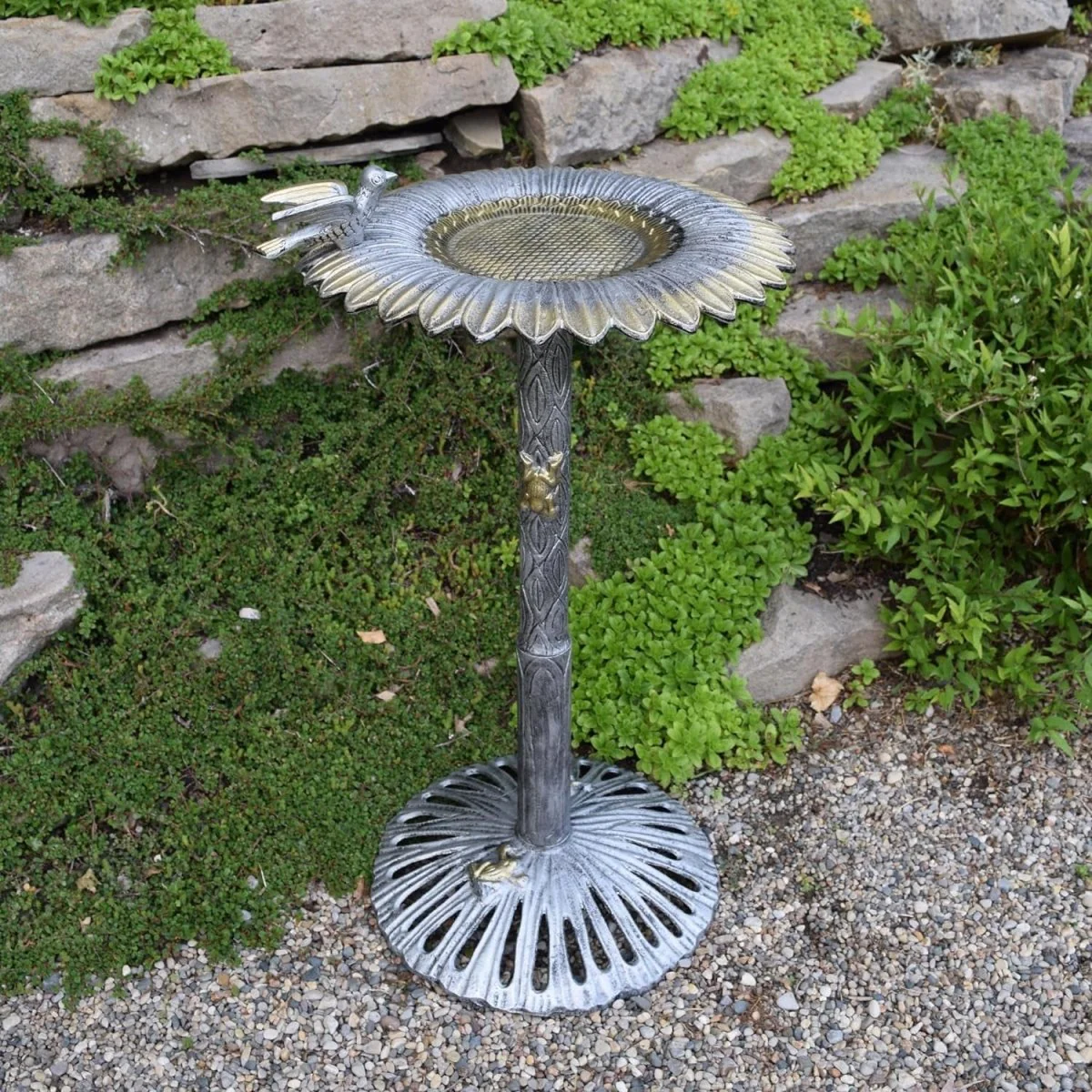 Antique Pewter Sunflower Design Aluminum Birdbath, Silver - Image 7