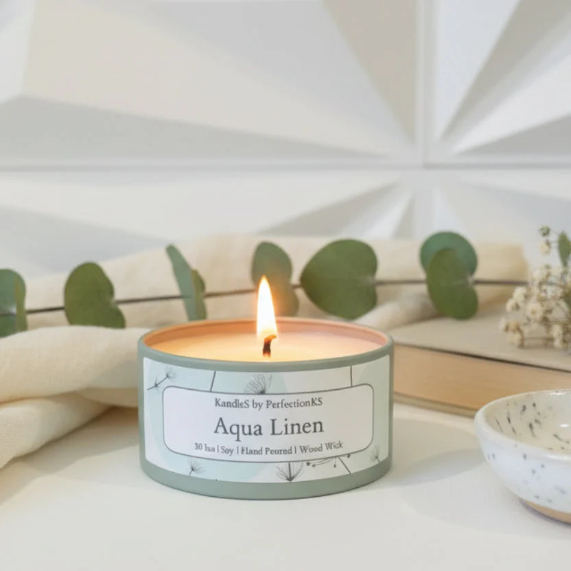 Aqua Linen Luxury Candle | 8oz Non-Toxic Soy Candle with Wooden Wick | Clean Burn - Image 2