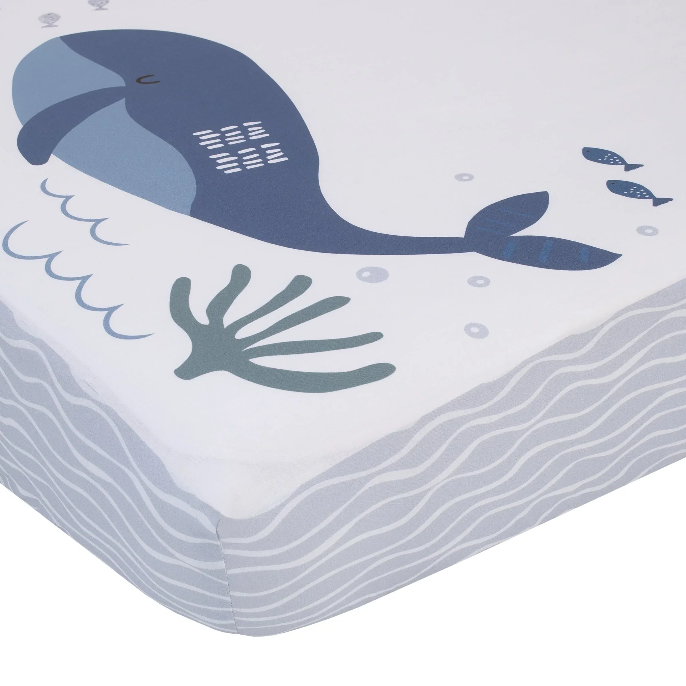 Arctic Adventure Light Blue, White, and Navy Whales, Narwhal, and Walrus "The World is your Oyster" 100% Cotton Photo Op Fitted Crib Sheet - Image 2