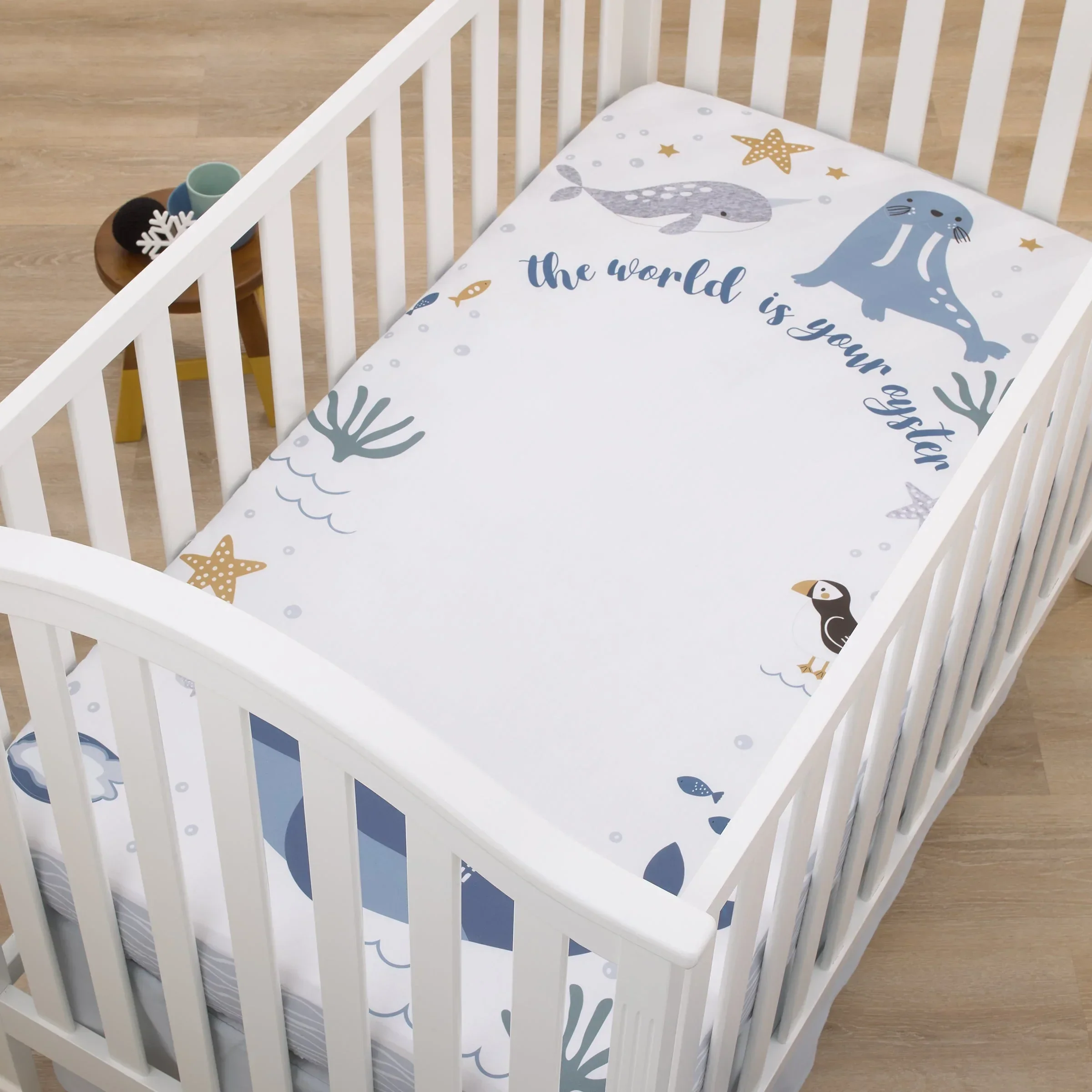 Arctic Adventure Light Blue, White, and Navy Whales, Narwhal, and Walrus "The World is your Oyster" 100% Cotton Photo Op Fitted Crib Sheet - Image 3