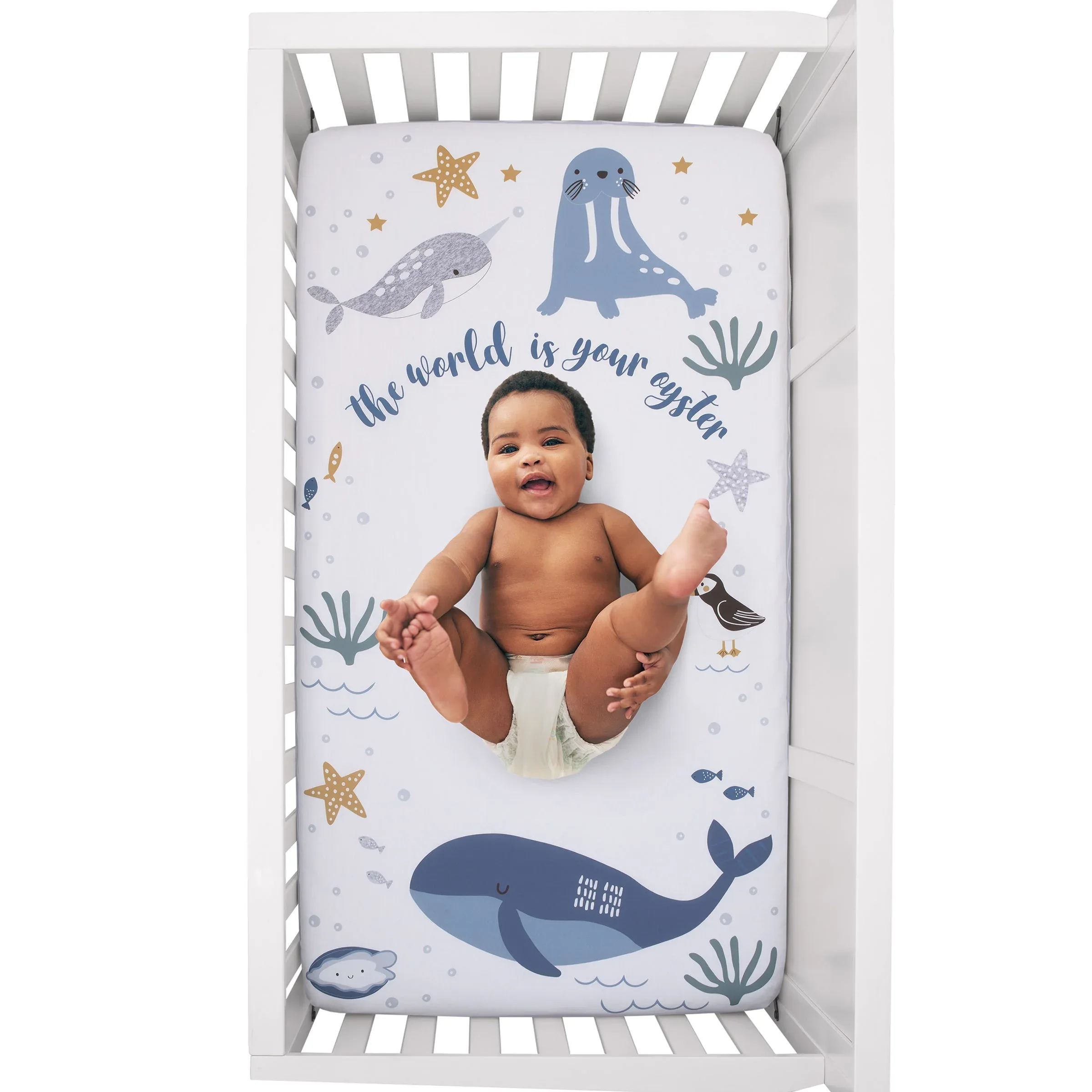 Arctic Adventure Light Blue, White, and Navy Whales, Narwhal, and Walrus "The World is your Oyster" 100% Cotton Photo Op Fitted Crib Sheet - Image 4