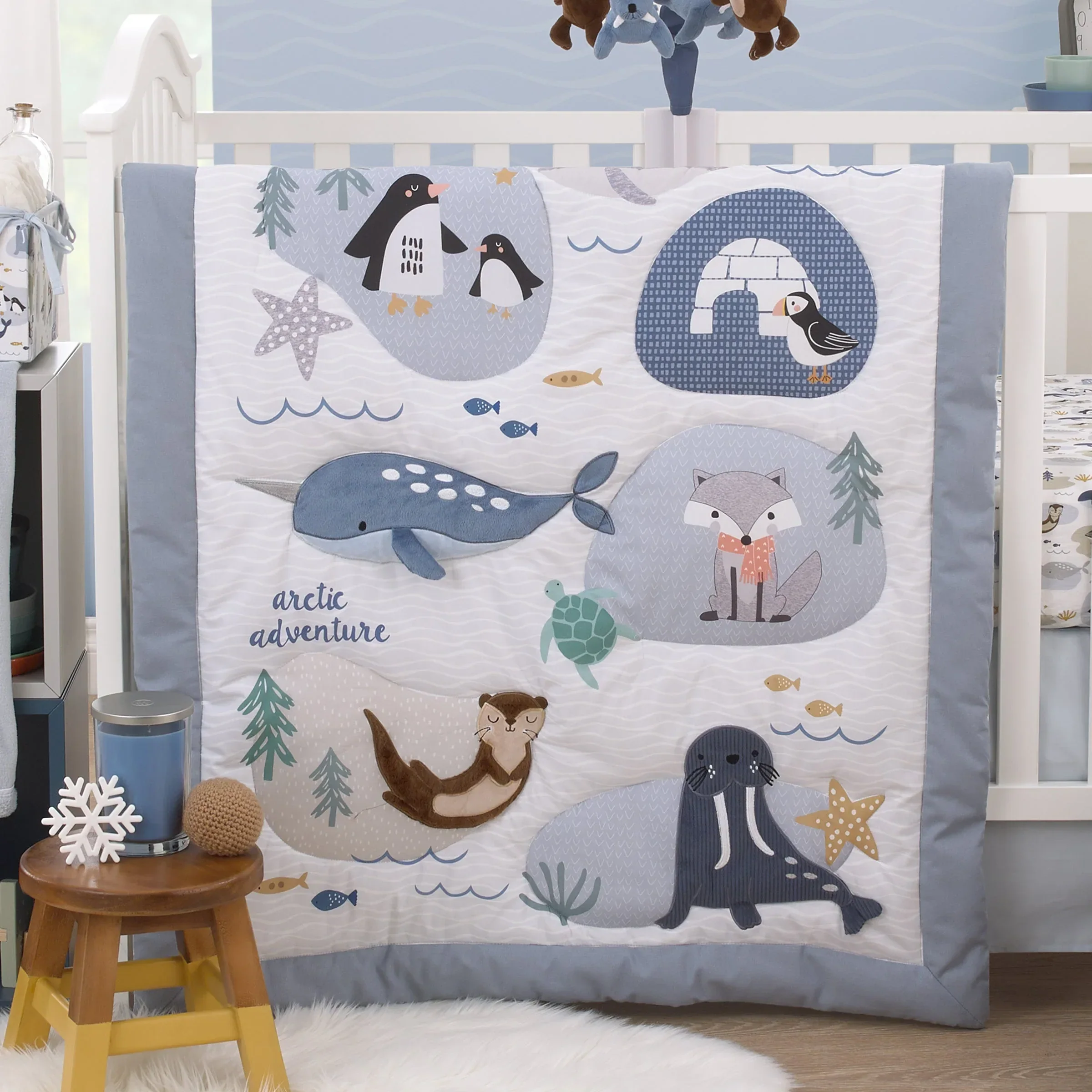 Arctic Adventure Light Blue, White, Taupe and Navy Whales, Walrus, and Otter 4 Piece Nursery Crib Bedding Set - Comforter, 100% Cotton Fitted Crib Sheet, Crib Skirt, and Storage Caddy - Image 10