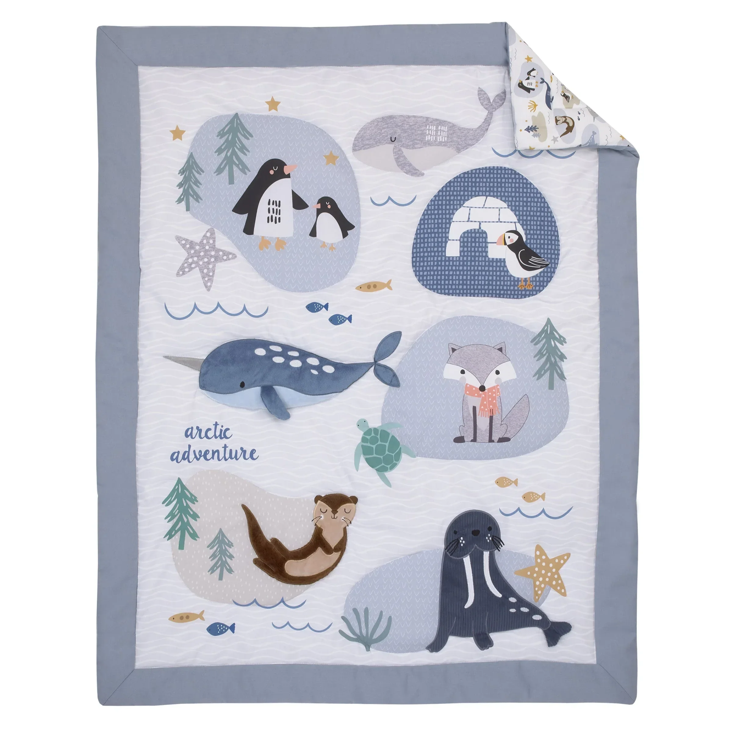 Arctic Adventure Light Blue, White, Taupe and Navy Whales, Walrus, and Otter 4 Piece Nursery Crib Bedding Set - Comforter, 100% Cotton Fitted Crib Sheet, Crib Skirt, and Storage Caddy - Image 2