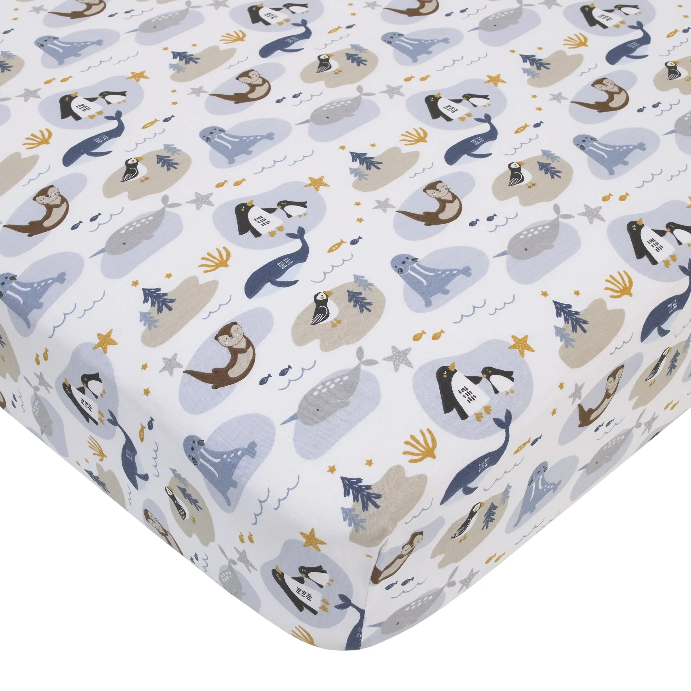 Arctic Adventure Light Blue, White, Taupe and Navy Whales, Walrus, and Otter 4 Piece Nursery Crib Bedding Set - Comforter, 100% Cotton Fitted Crib Sheet, Crib Skirt, and Storage Caddy - Image 3
