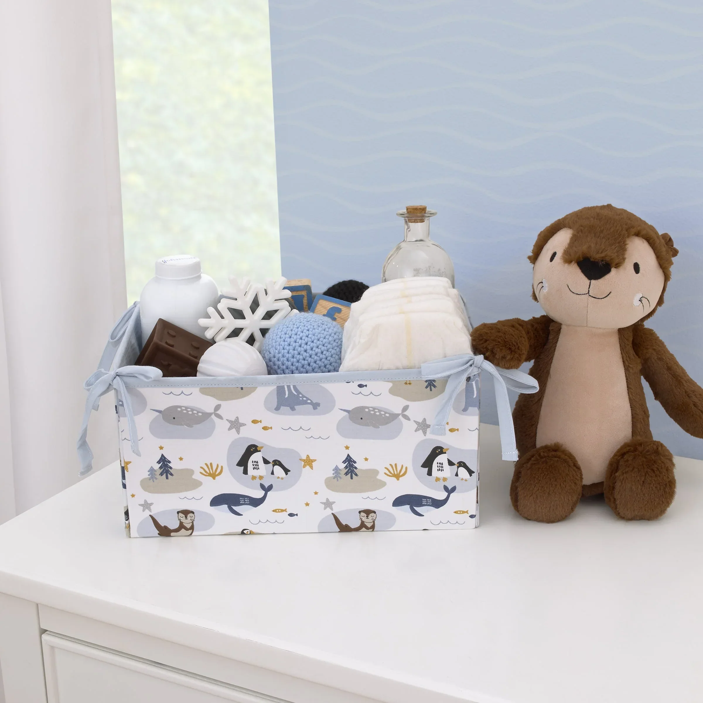 Arctic Adventure Light Blue, White, Taupe and Navy Whales, Walrus, and Otter 4 Piece Nursery Crib Bedding Set - Comforter, 100% Cotton Fitted Crib Sheet, Crib Skirt, and Storage Caddy - Image 6