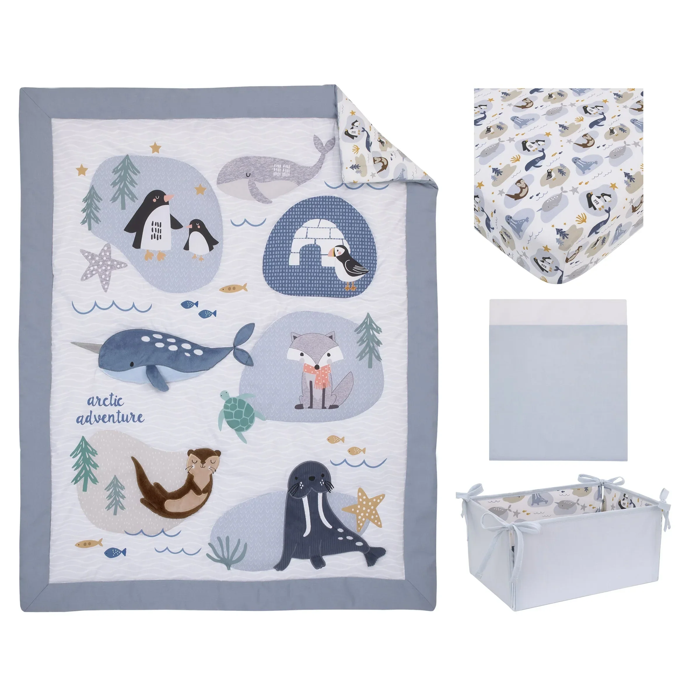 Arctic Adventure Light Blue, White, Taupe and Navy Whales, Walrus, and Otter 4 Piece Nursery Crib Bedding Set - Comforter, 100% Cotton Fitted Crib Sheet, Crib Skirt, and Storage Caddy - Image 7
