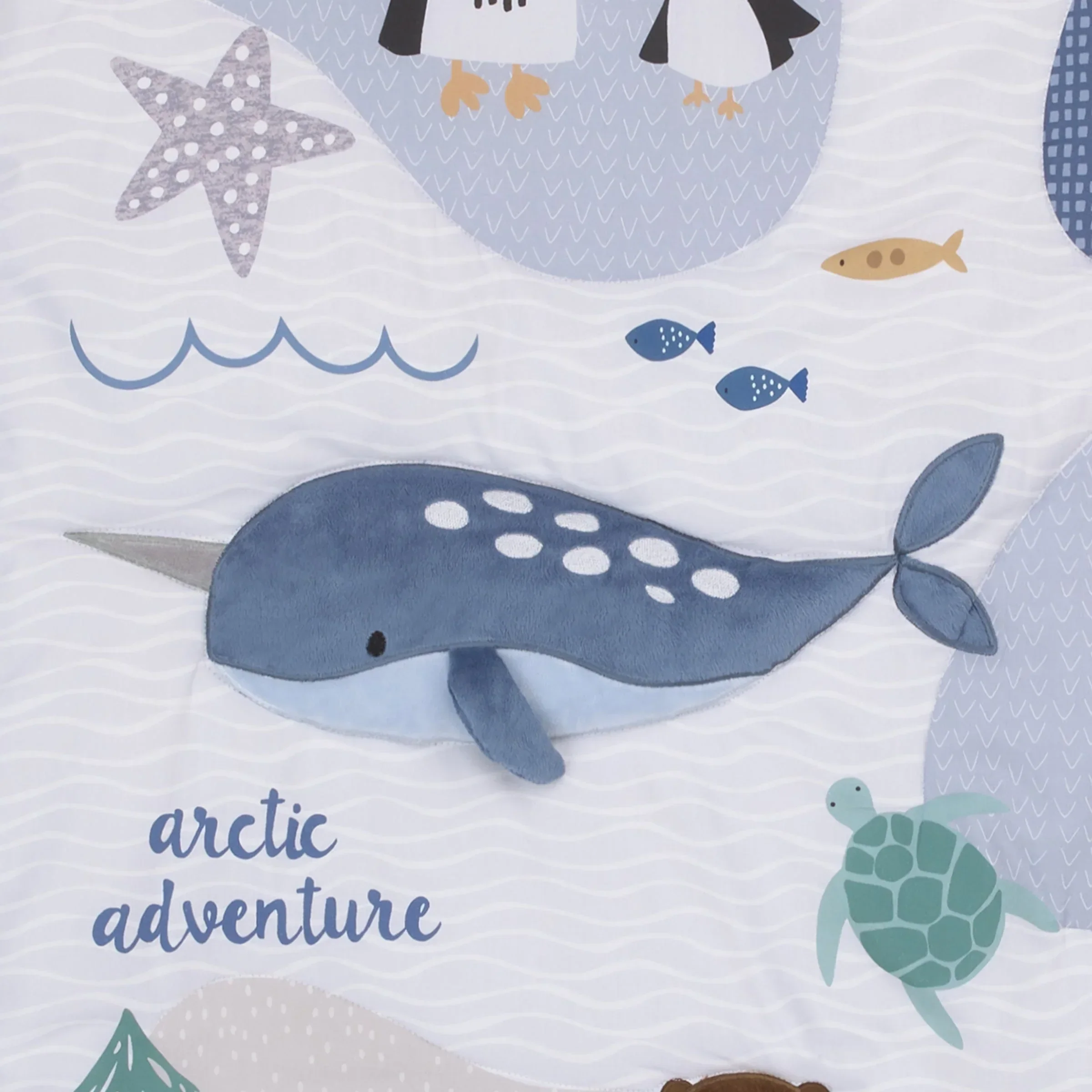 Arctic Adventure Light Blue, White, Taupe and Navy Whales, Walrus, and Otter 4 Piece Nursery Crib Bedding Set - Comforter, 100% Cotton Fitted Crib Sheet, Crib Skirt, and Storage Caddy - Image 8