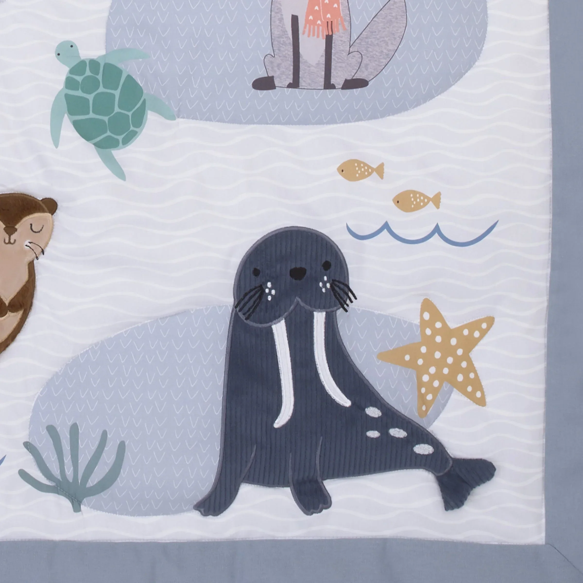 Arctic Adventure Light Blue, White, Taupe and Navy Whales, Walrus, and Otter 4 Piece Nursery Crib Bedding Set - Comforter, 100% Cotton Fitted Crib Sheet, Crib Skirt, and Storage Caddy - Image 9