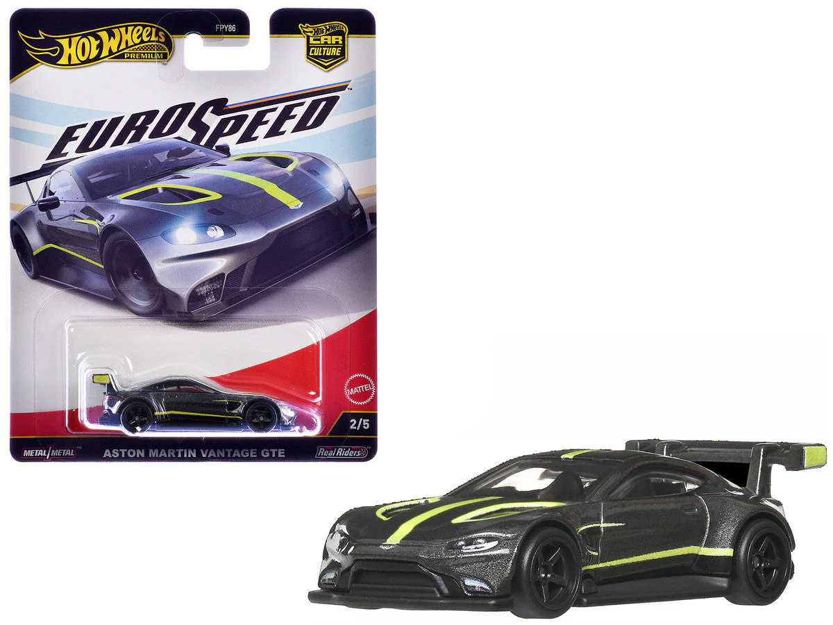 Aston Martin Vantage GTE Dark Gray Metallic with Lime Green Stripes "Euro Speed" Series Diecast Model Car by Hot Wheels - Image 4