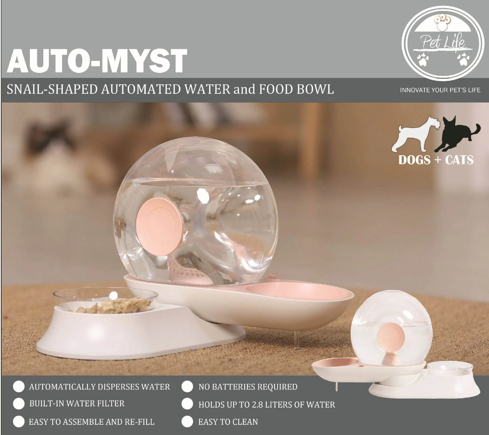 Auto-Myst Automatic Gravity Pet Water Dispenser - 2-in-1 Filtered Water & Food Bowl System with 2.8L Capacity - Image 2
