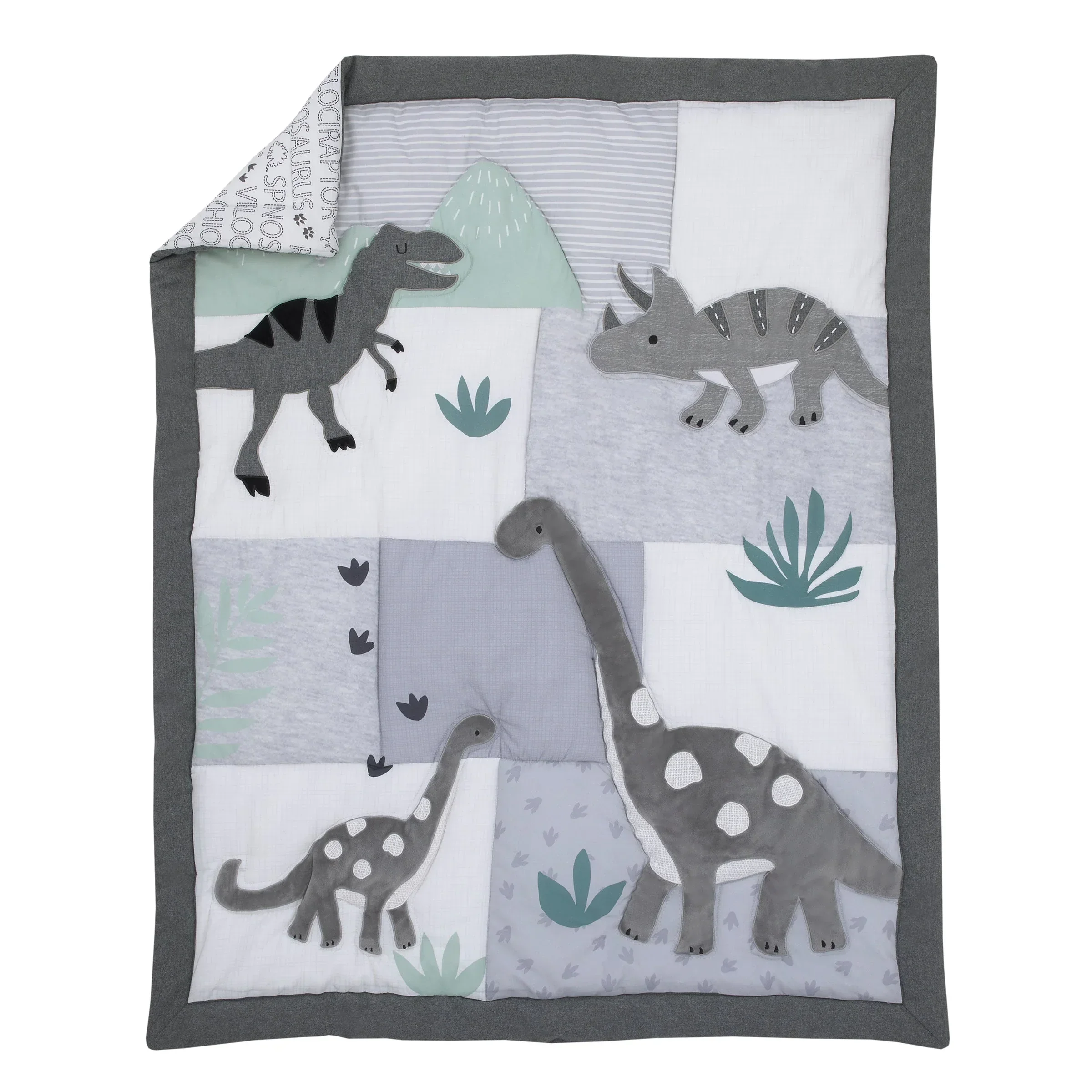 Baby-Saurus Gray, White, and Green Triceratops,  Brontosaurus, and Tyrannosaurus Dinosaurs with Mountains and Leaves 4 Piece Nursery Crib Bedding Set - Comforter, 100% Cotton Fitted Crib Sheet, Crib Skirt, and Storage - Image 2