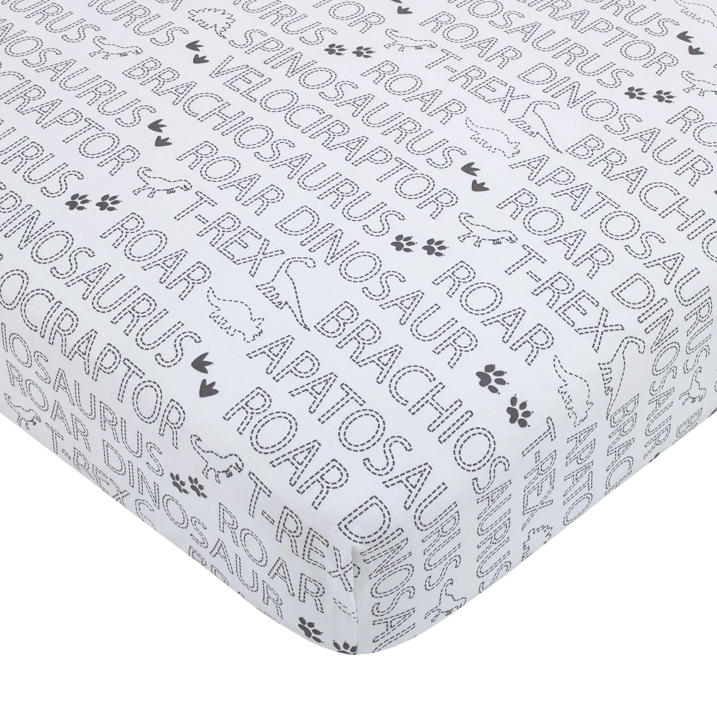 Baby-Saurus Gray, White, and Green Triceratops,  Brontosaurus, and Tyrannosaurus Dinosaurs with Mountains and Leaves 4 Piece Nursery Crib Bedding Set - Comforter, 100% Cotton Fitted Crib Sheet, Crib Skirt, and Storage - Image 3