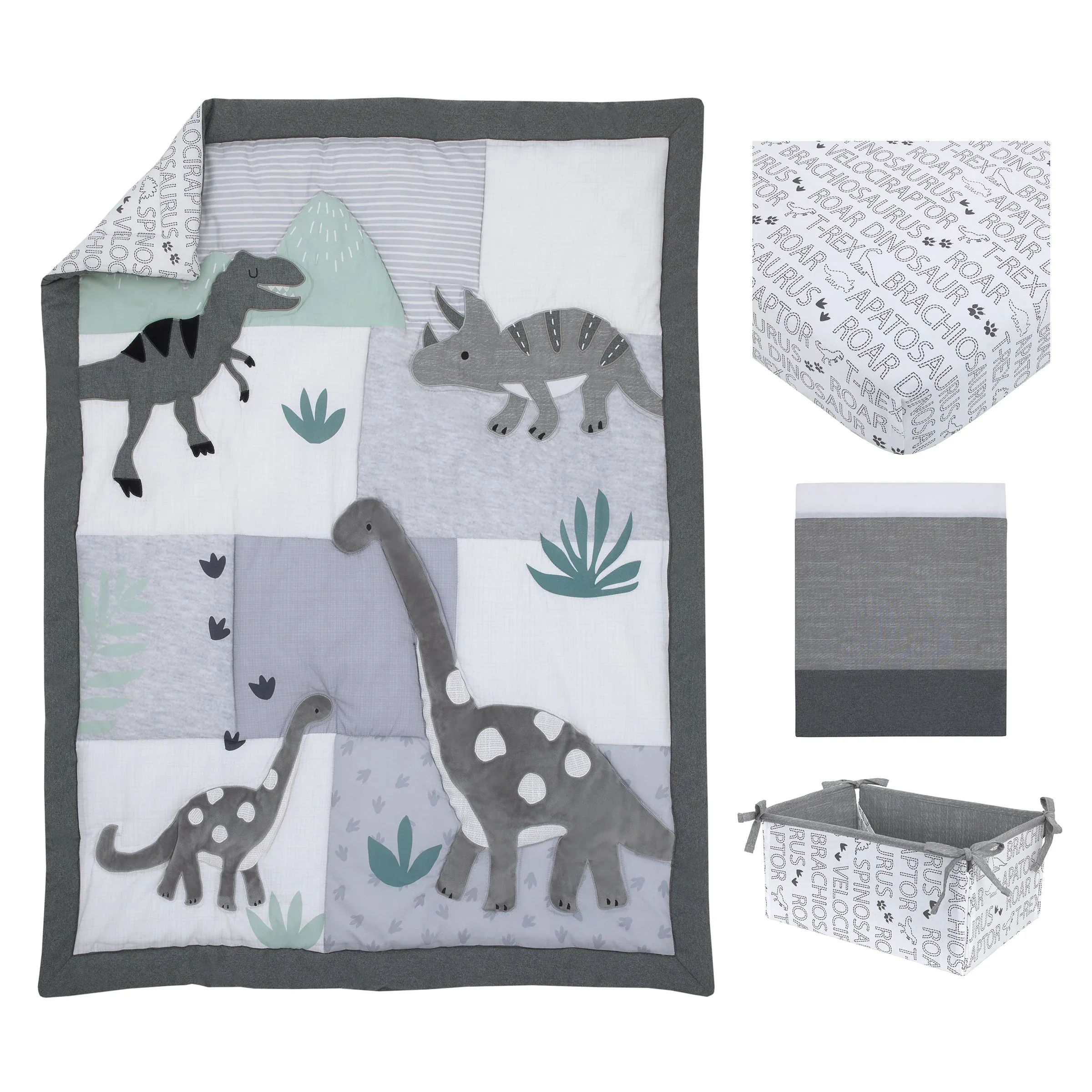 Baby-Saurus Gray, White, and Green Triceratops,  Brontosaurus, and Tyrannosaurus Dinosaurs with Mountains and Leaves 4 Piece Nursery Crib Bedding Set - Comforter, 100% Cotton Fitted Crib Sheet, Crib Skirt, and Storage - Image 6