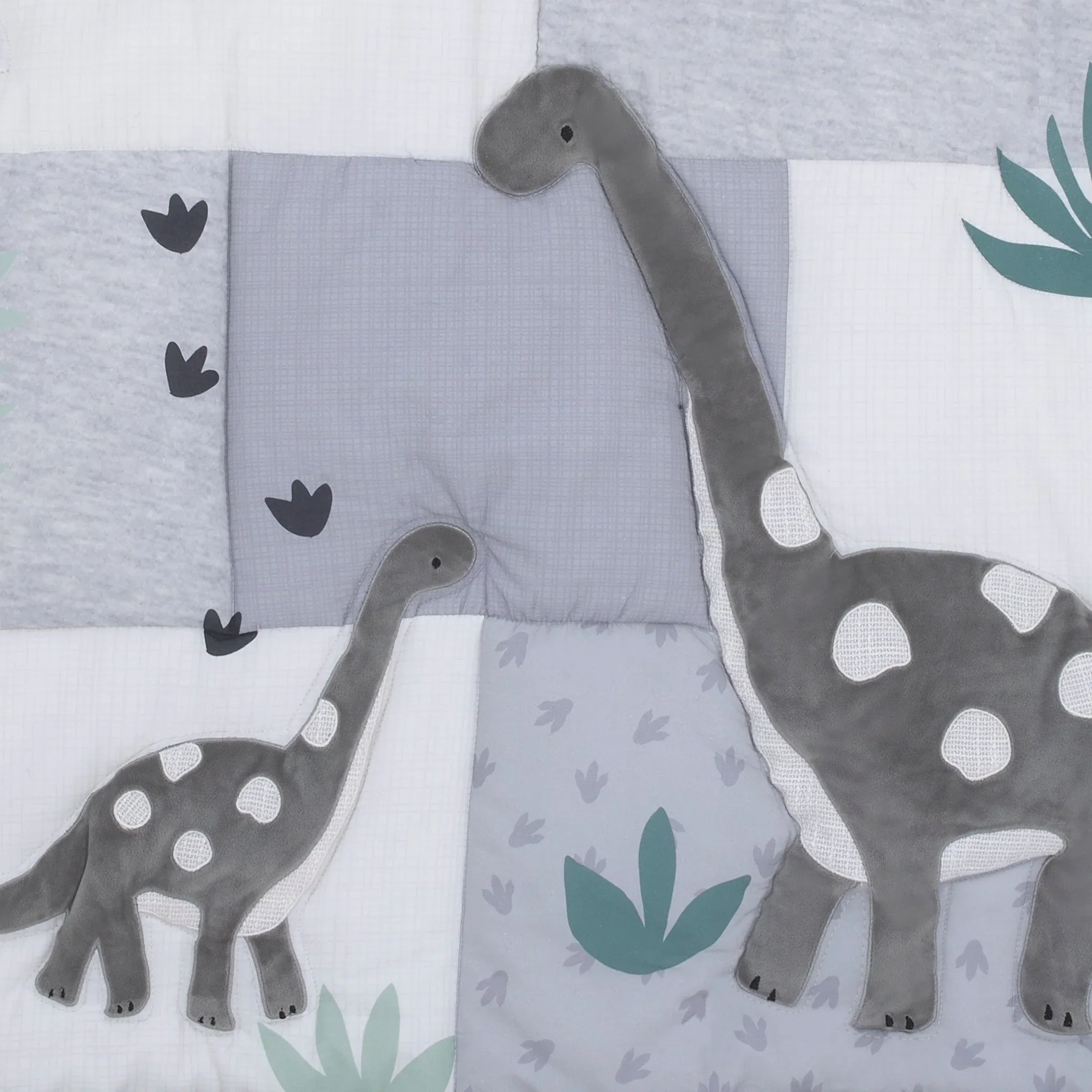 Baby-Saurus Gray, White, and Green Triceratops,  Brontosaurus, and Tyrannosaurus Dinosaurs with Mountains and Leaves 4 Piece Nursery Crib Bedding Set - Comforter, 100% Cotton Fitted Crib Sheet, Crib Skirt, and Storage - Image 7