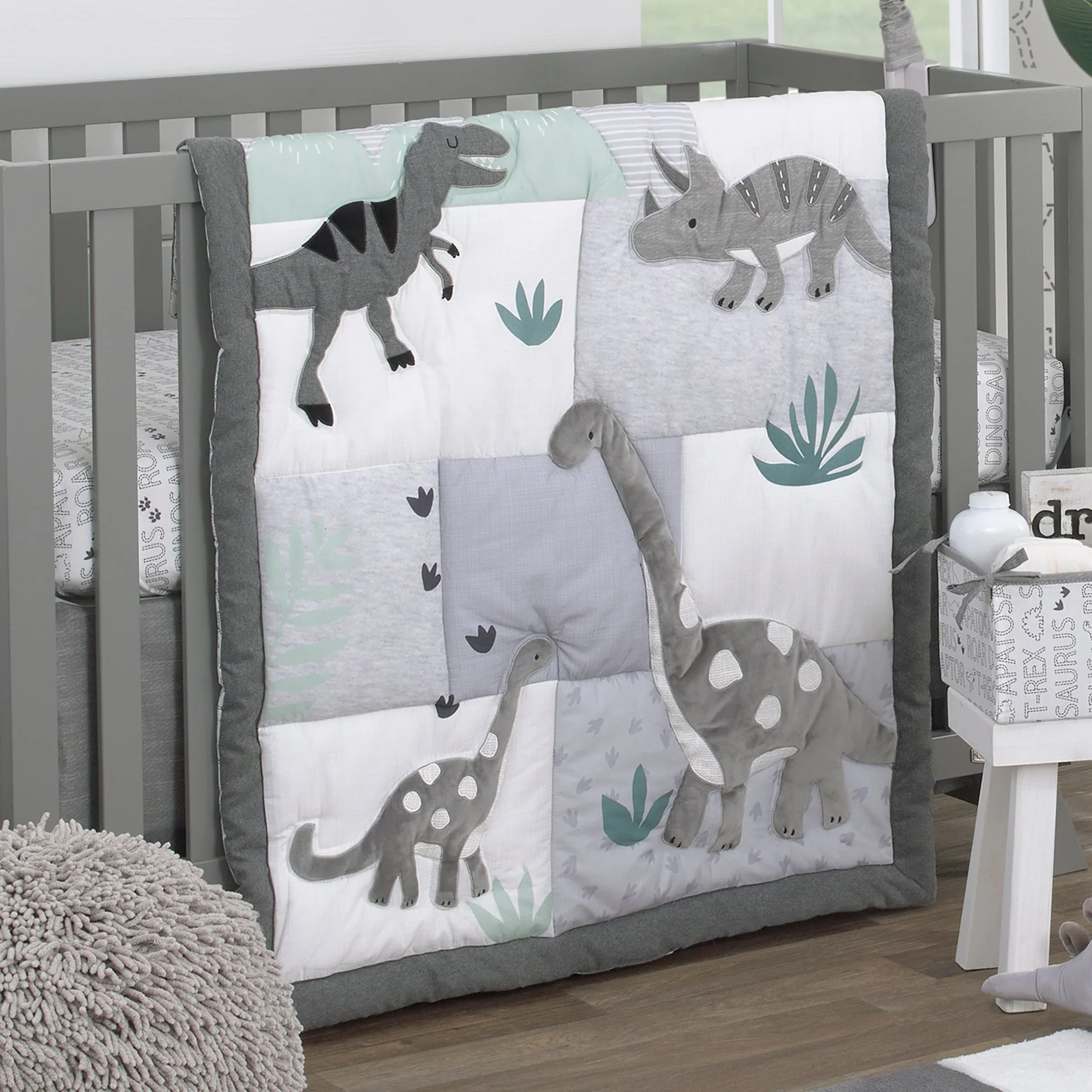 Baby-Saurus Gray, White, and Green Triceratops,  Brontosaurus, and Tyrannosaurus Dinosaurs with Mountains and Leaves 4 Piece Nursery Crib Bedding Set - Comforter, 100% Cotton Fitted Crib Sheet, Crib Skirt, and Storage - Image 8
