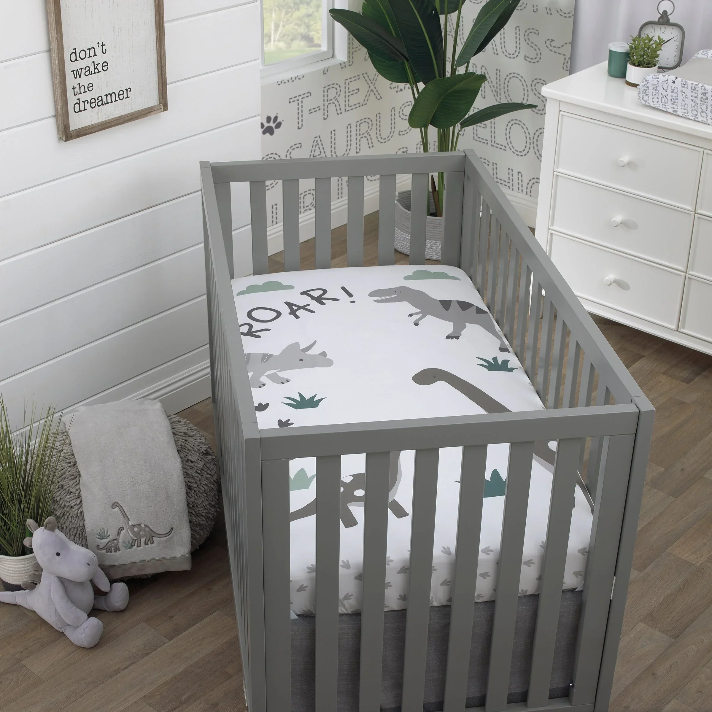 Baby-Saurus Photo Op ROAR White, Gray, and Green Dinosaur with Clouds Nursery Fitted Crib Sheet - Image 2