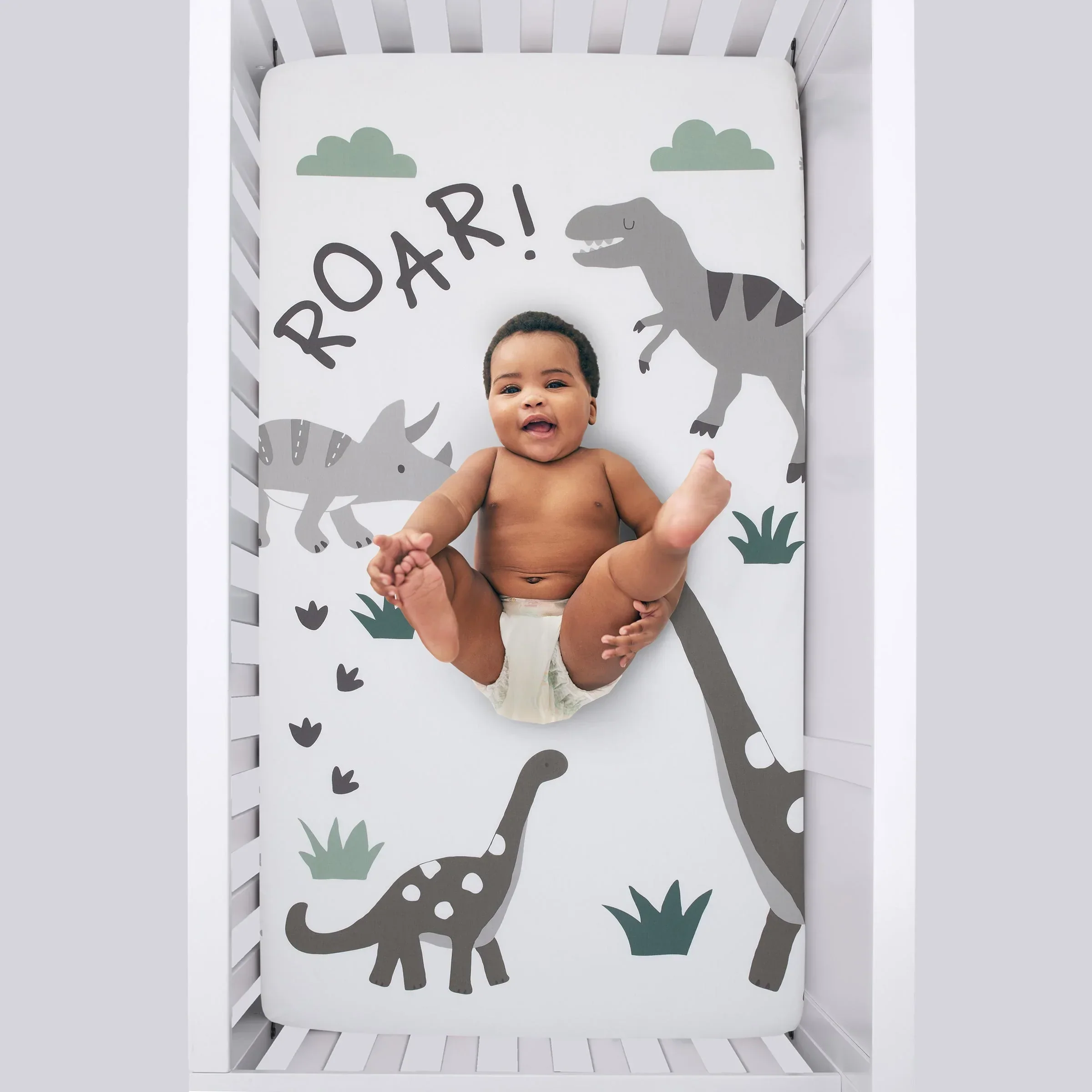 Baby-Saurus Photo Op ROAR White, Gray, and Green Dinosaur with Clouds Nursery Fitted Crib Sheet - Image 3