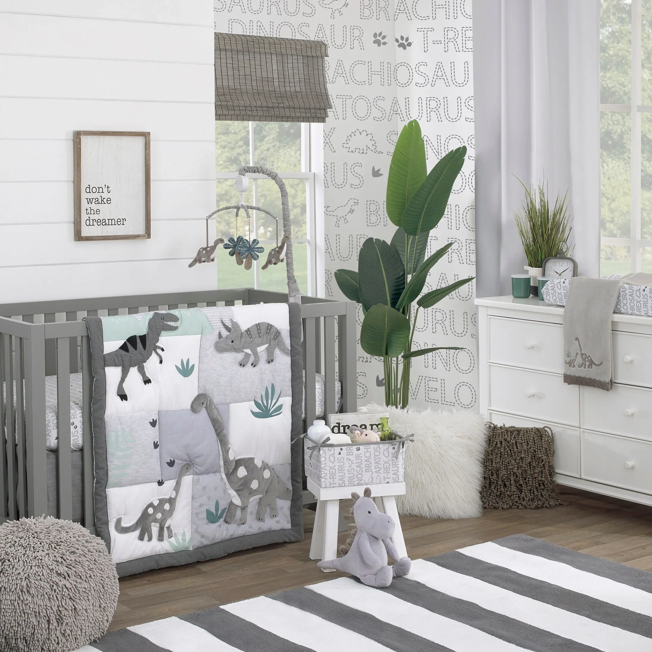 Baby-Saurus Photo Op ROAR White, Gray, and Green Dinosaur with Clouds Nursery Fitted Crib Sheet - Image 4