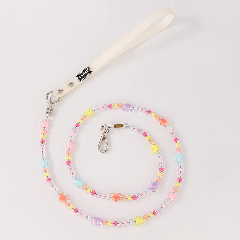 Beaded Dog Leash with Pastel Heart Charms – Handmade & Lightweight - Image 2