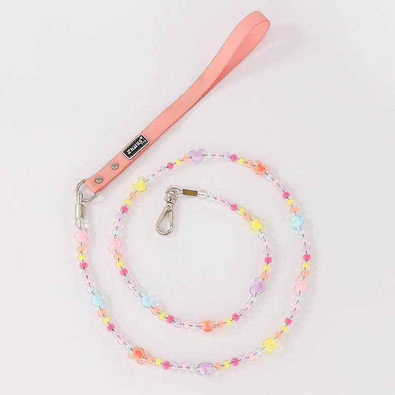 Beaded Dog Leash with Pastel Heart Charms – Handmade & Lightweight - Image 3