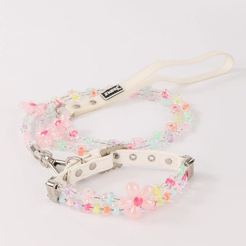 Beaded Flower Dog Collar and Leash Set – Pastel Charm Design - Image 2