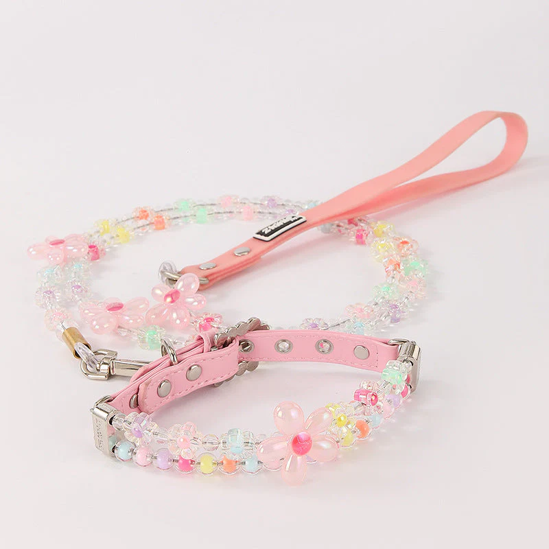 Beaded Flower Dog Collar and Leash Set – Pastel Charm Design - Image 3