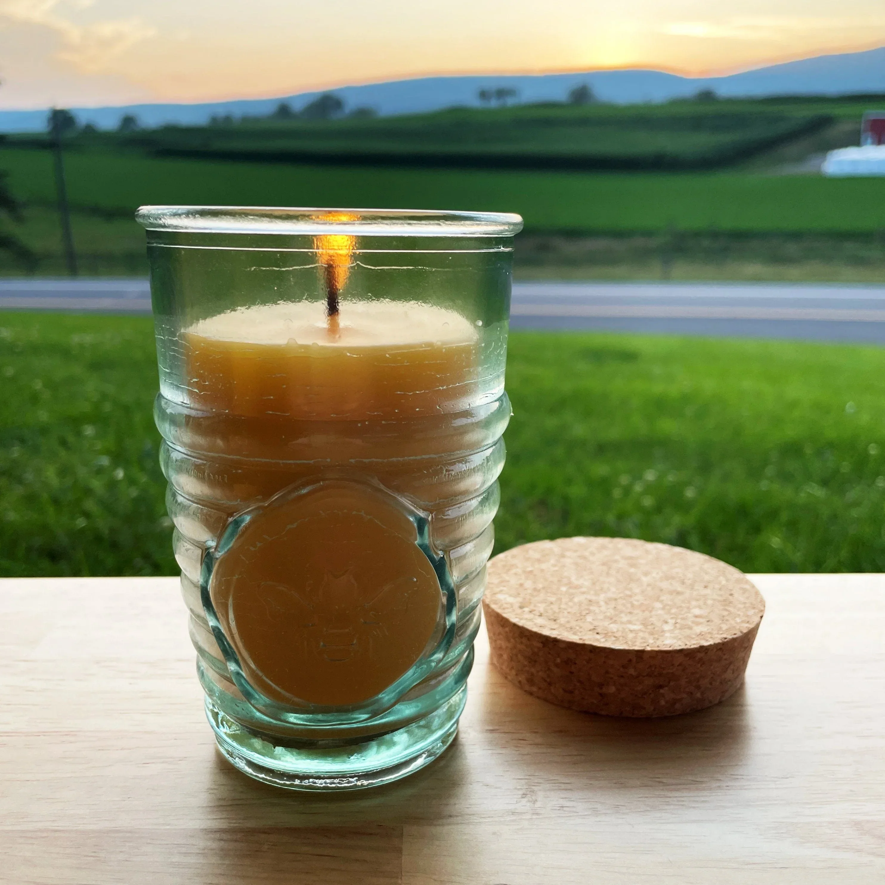 Beeswax Candle in Honeybee Glass Jar Spanish Recycled Glass - Image 2