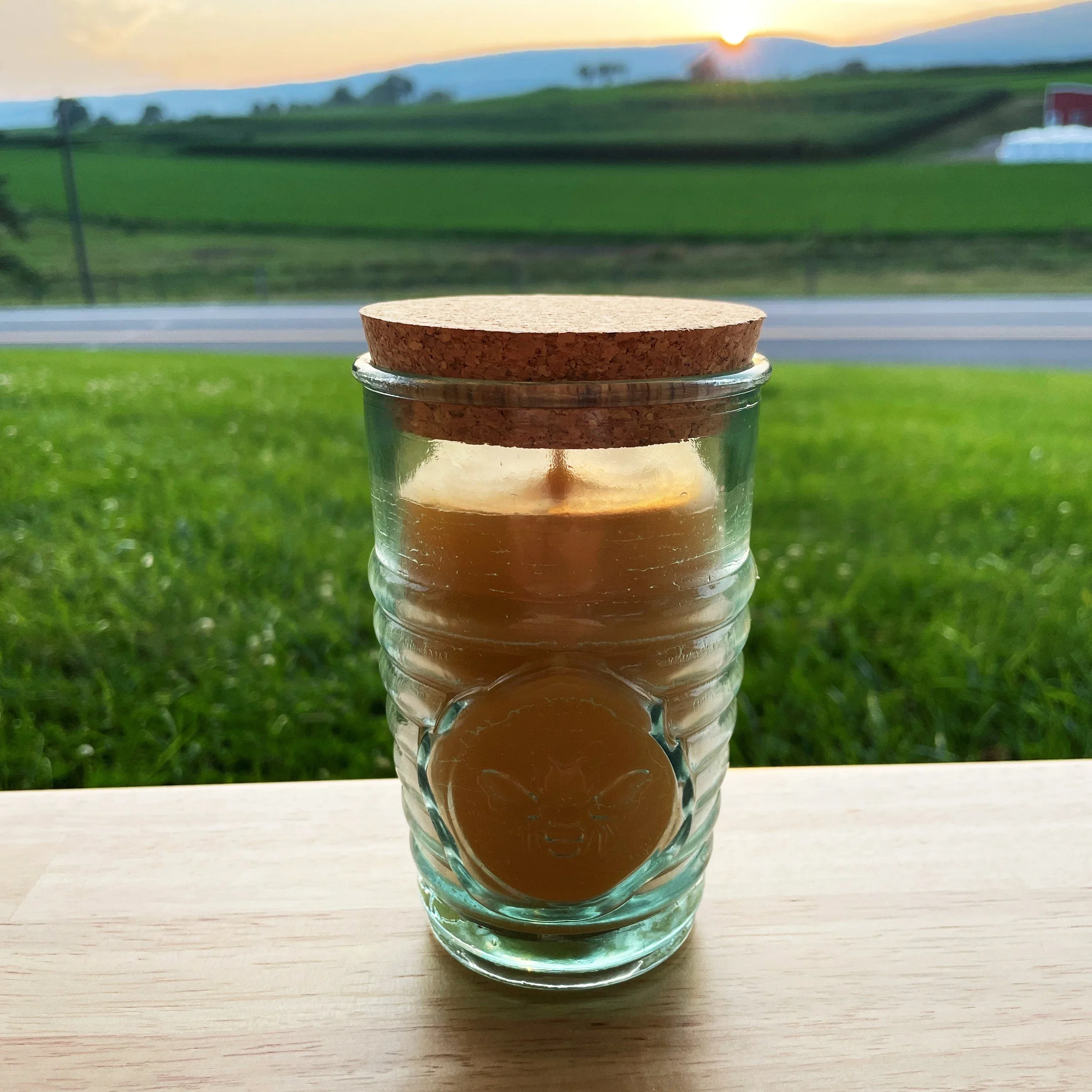Beeswax Candle in Honeybee Glass Jar Spanish Recycled Glass - Image 3