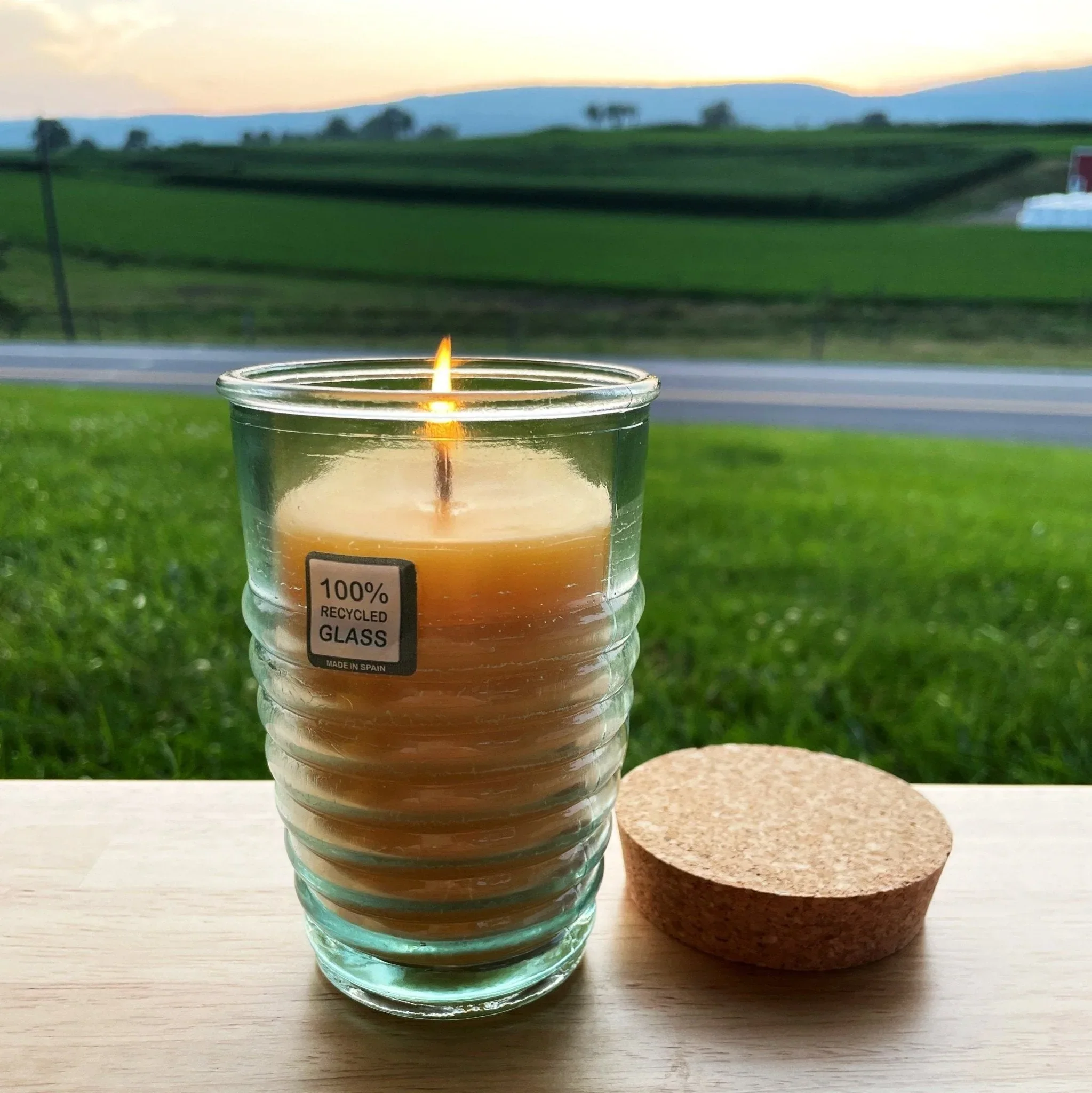 Beeswax Candle in Honeybee Glass Jar Spanish Recycled Glass - Image 4