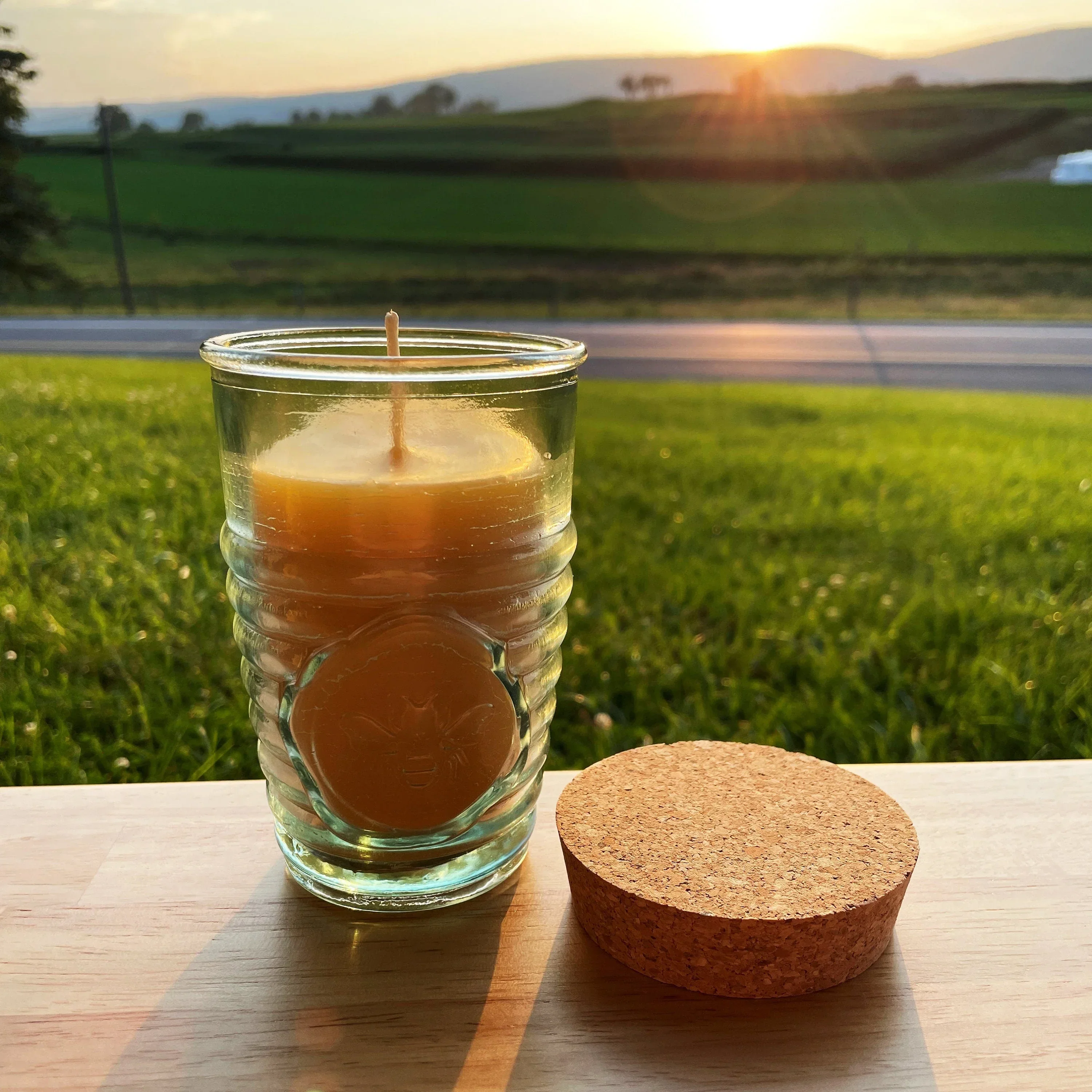Beeswax Candle in Honeybee Glass Jar Spanish Recycled Glass - Image 5