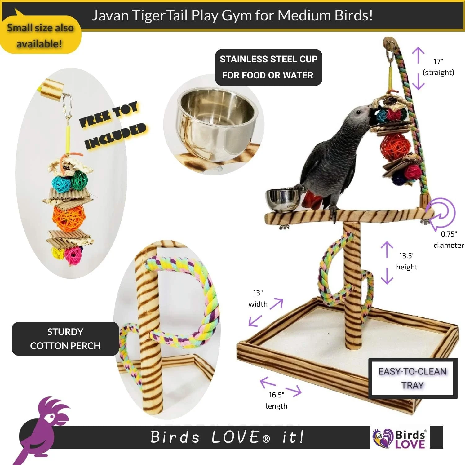 Bird Play Gym Tabletop W Cup, Toy Hanger and Toy,  Javan Tigertail Stand- Large - Image 3
