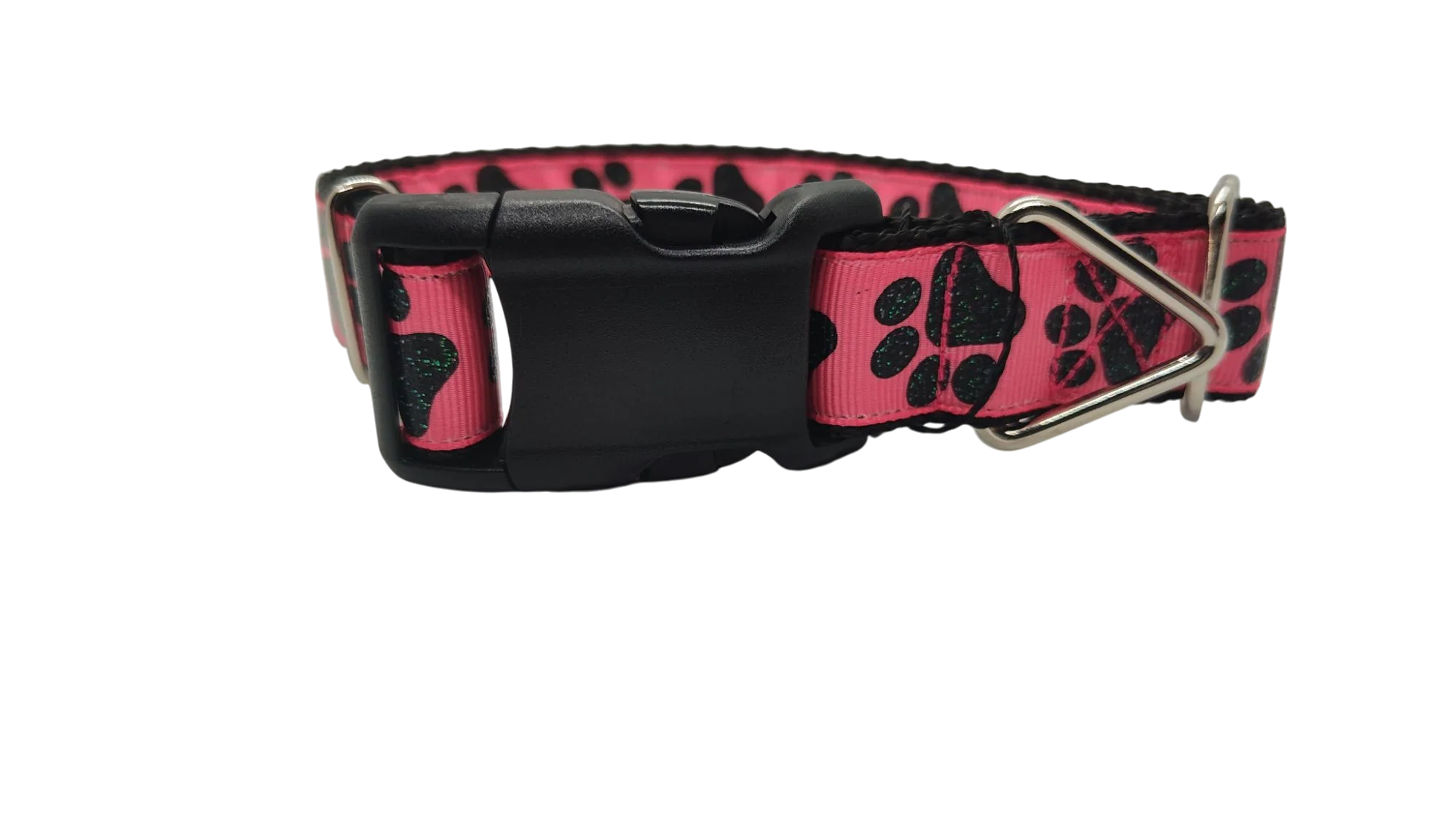 Black Glitter Paws On Pink Nylon Dog Collar - Image 2