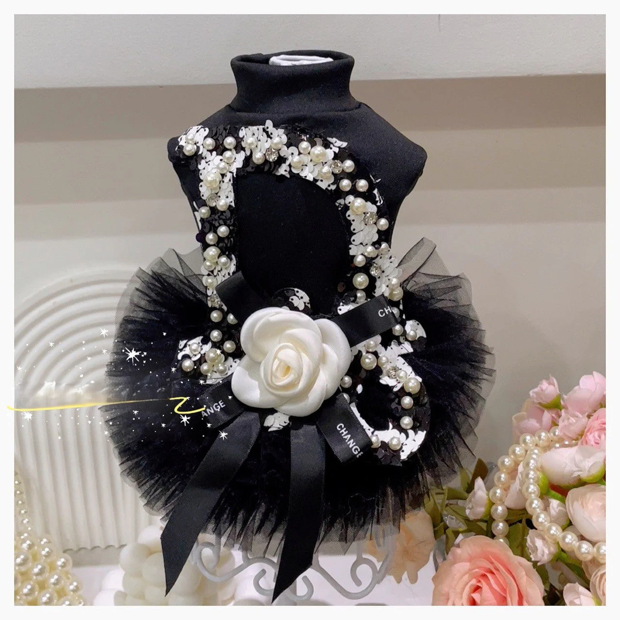 Black Pearl Sequin Pet Tutu Dress with 3D Flower - Formal Party Look - Image 2