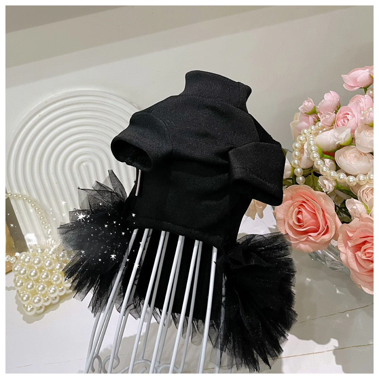 Black Pearl Sequin Pet Tutu Dress with 3D Flower - Formal Party Look - Image 3
