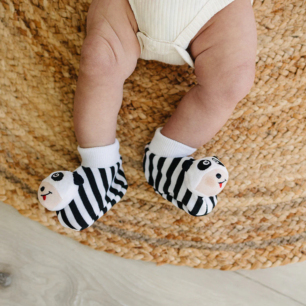 Black & White Pair of Panda Baby Booties with Rattle - Image 3