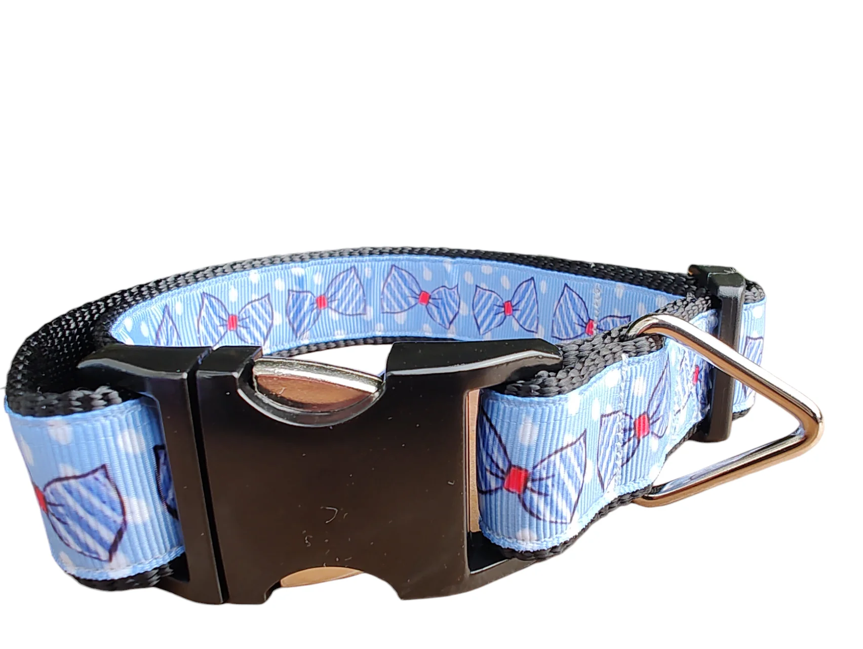 Blue Bow Ties Black Nylon Dog Collar MD, LG, XL, Leash - Image 2