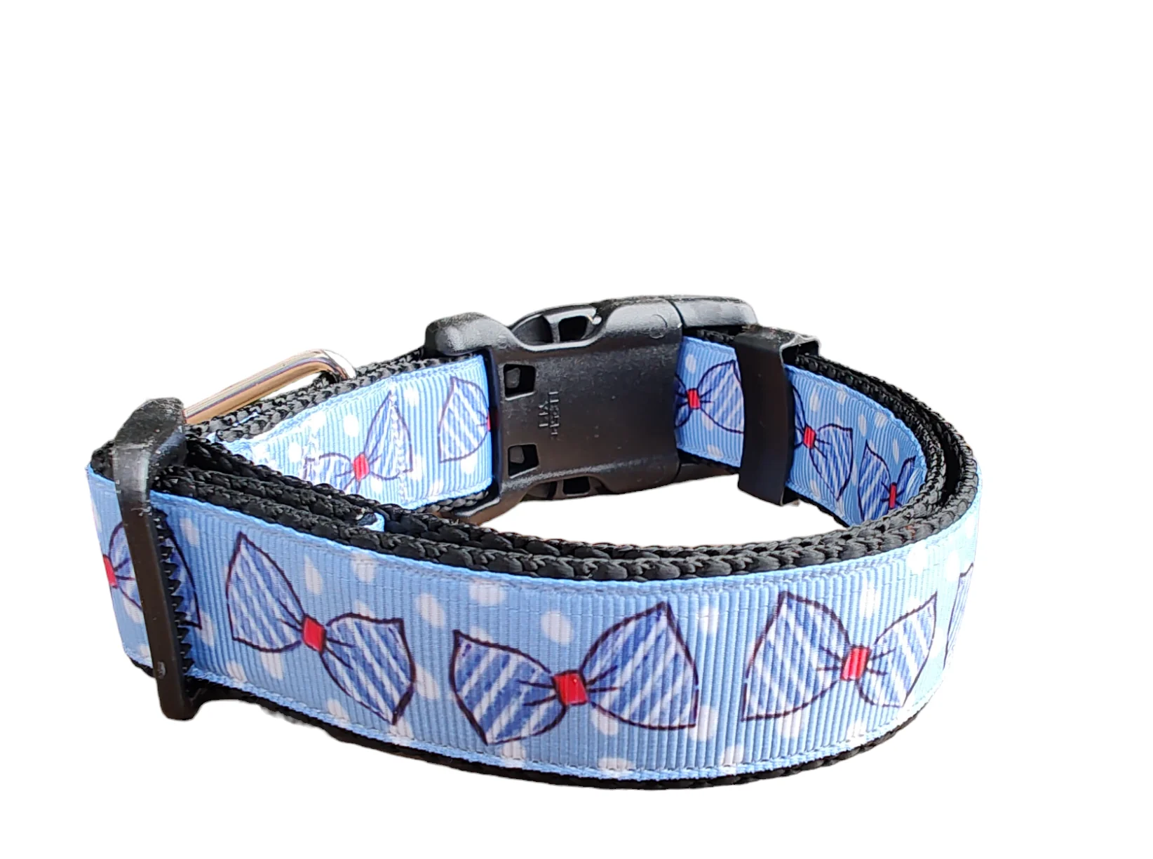 Blue Bow Ties Black Nylon Dog Collar MD, LG, XL, Leash - Image 3