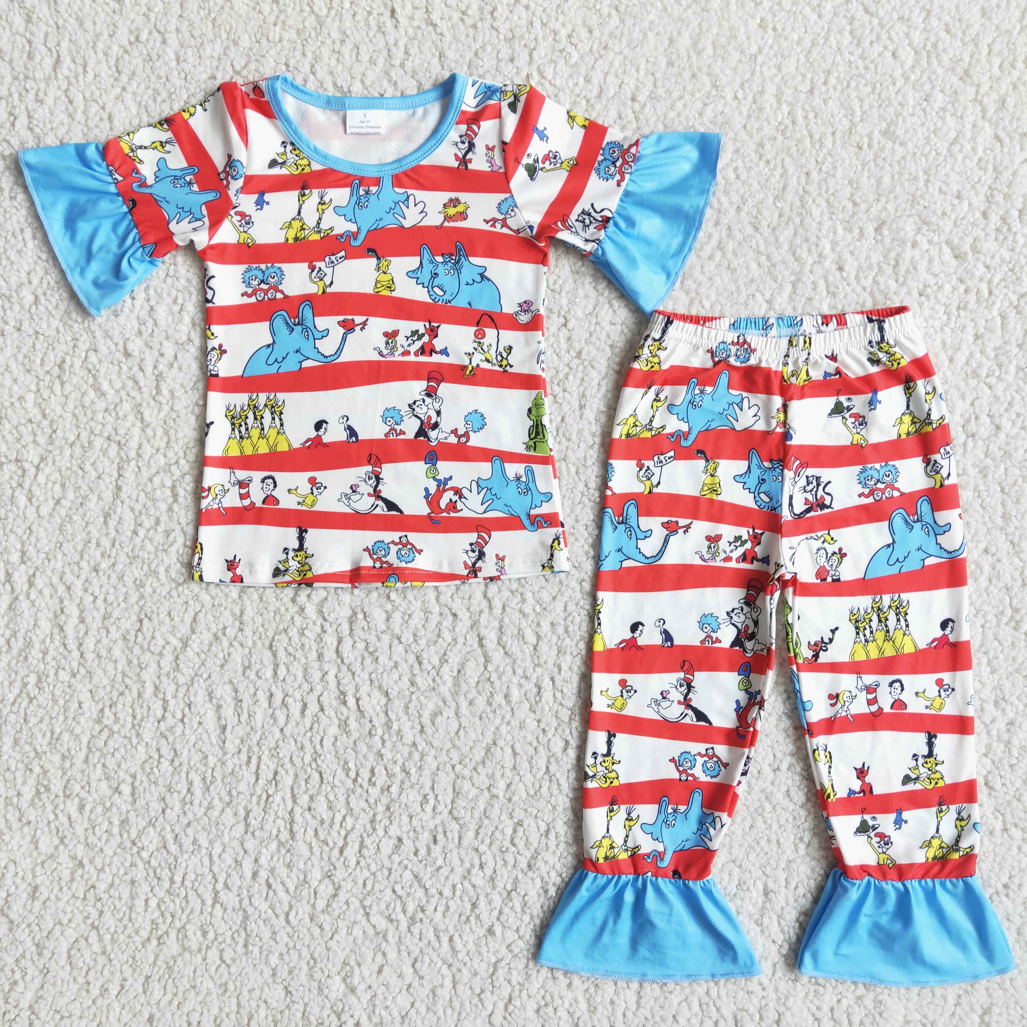 Blue cat ruffle short sleeve baby girls pajamas - Image 2