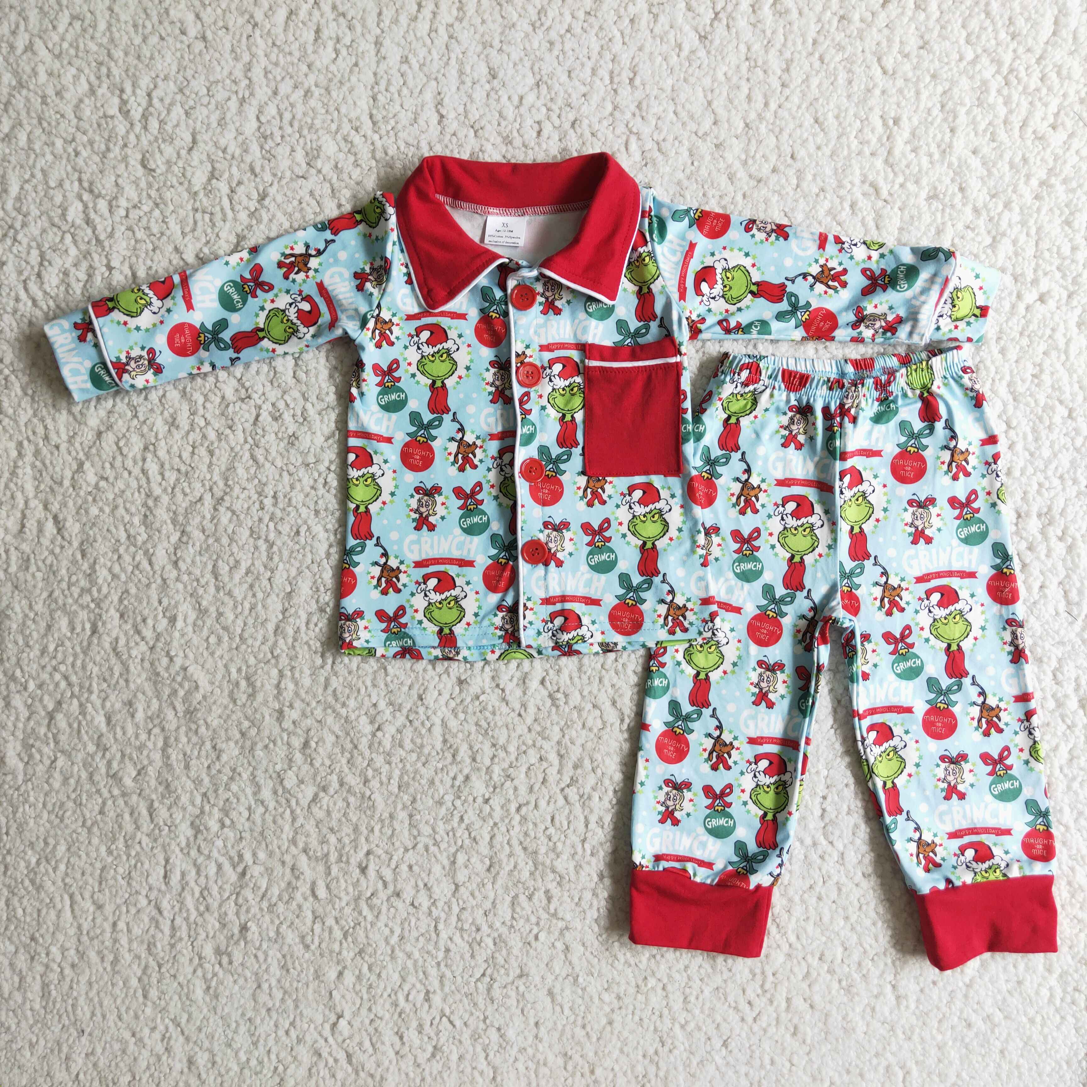 Blue green face print pocket boy Christmas pajamas - Image 2