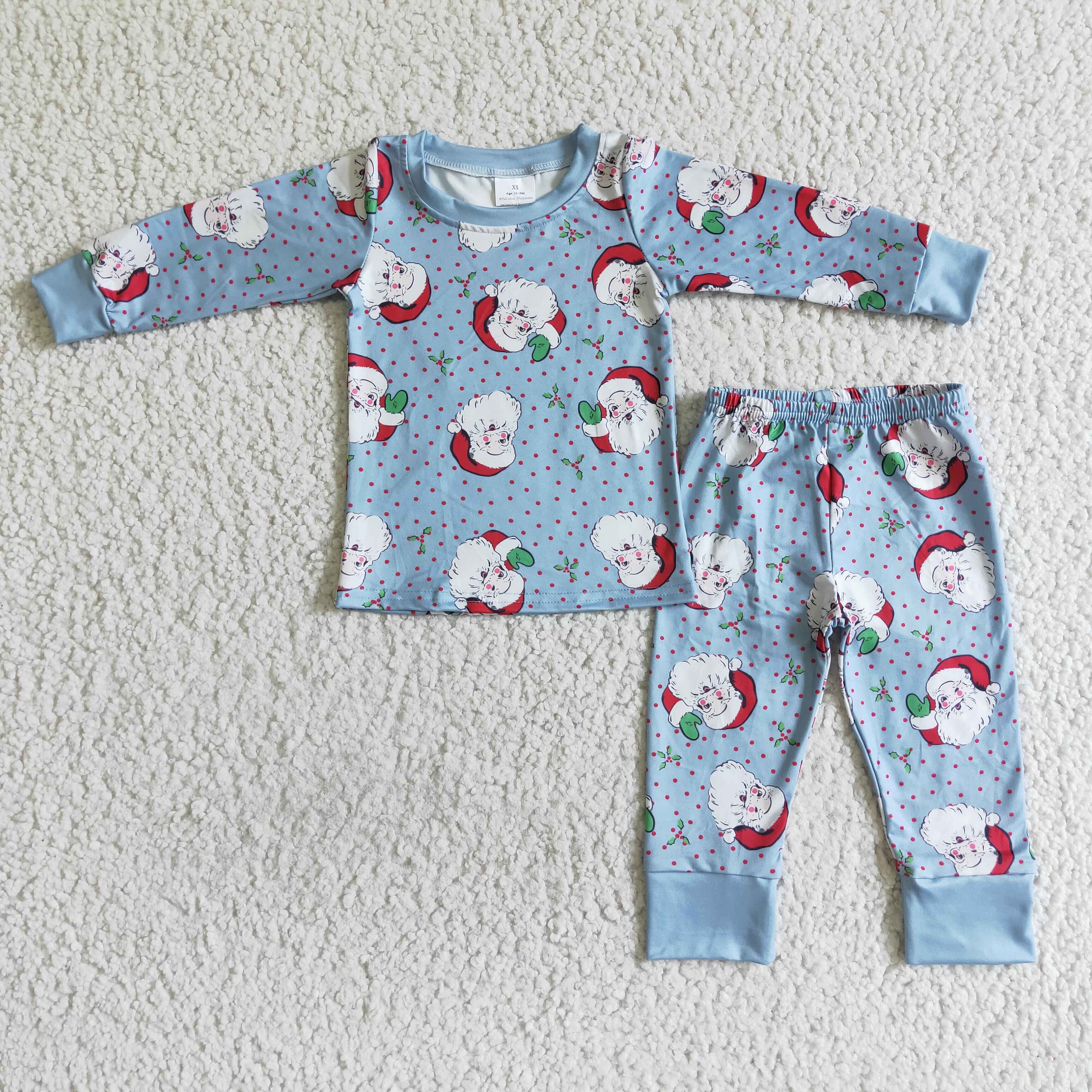 Blue santa polka dots long sleeve baby kids Christmas pajamas - Image 2