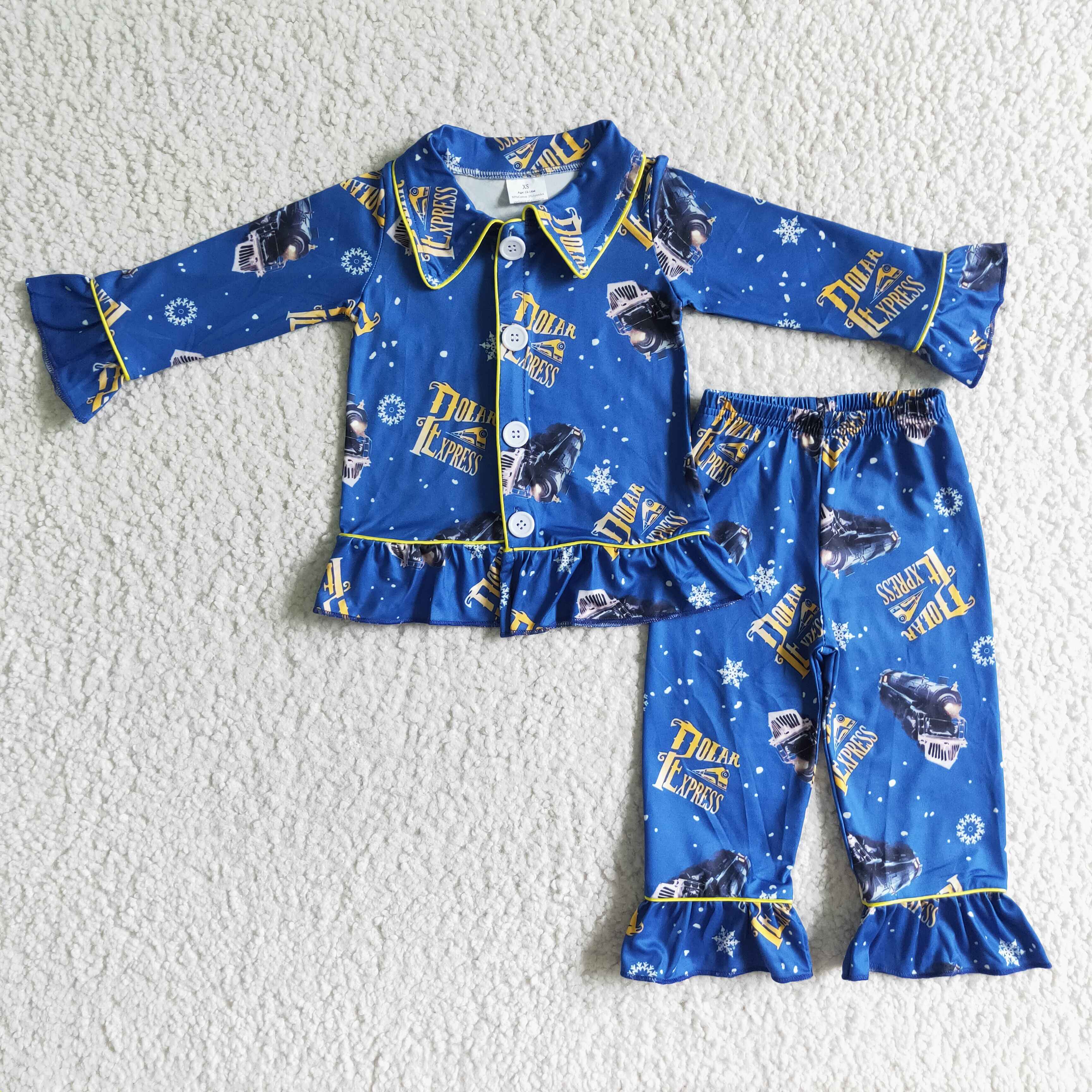 Blue train long sleeve ruffle girl pajamas - Image 2