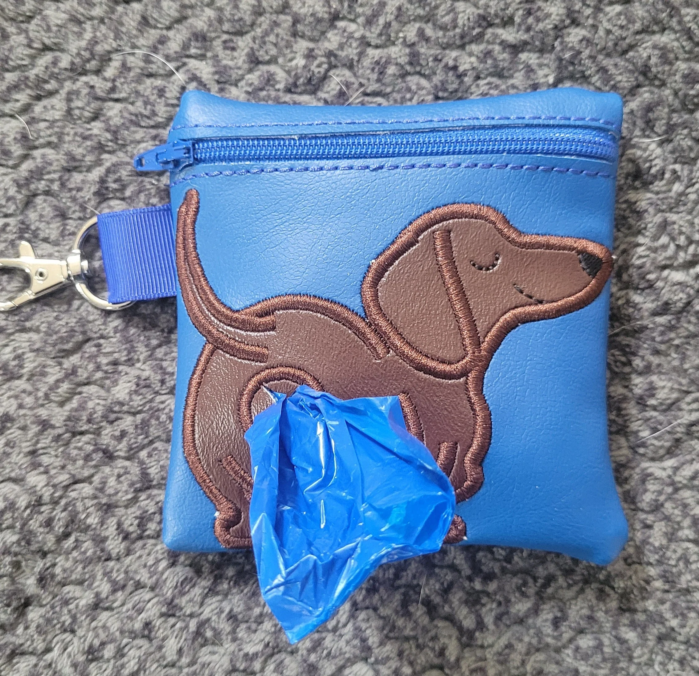Blue Vinyl Poop Bag Holder, Dachshund Dog Butt Embroidery, Dog Walker Gift - Image 3