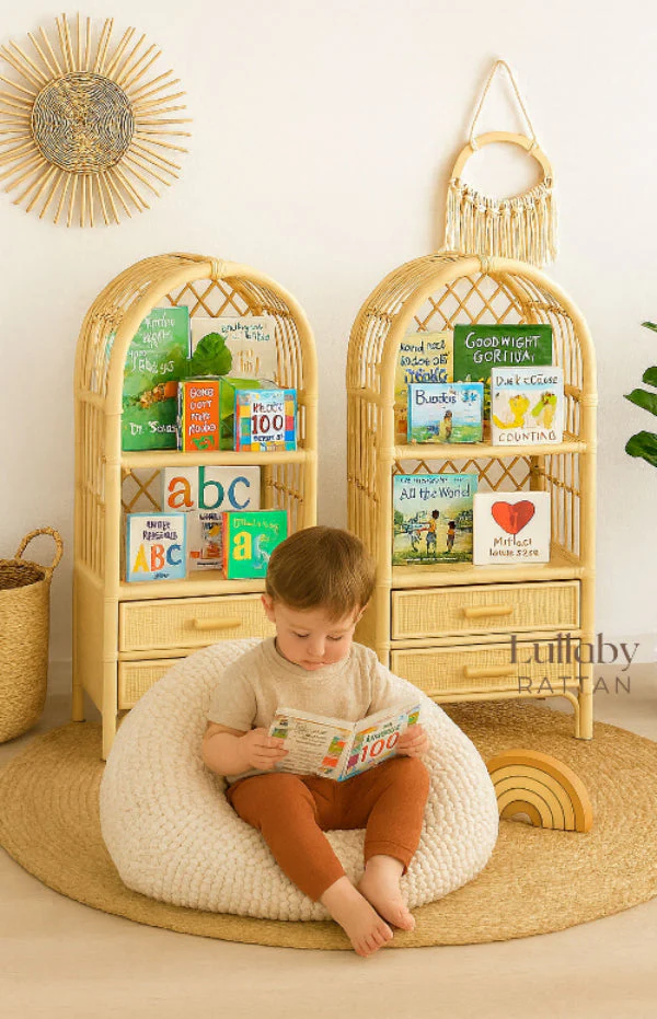 Boho Rattan Kids Bookshelf & Toy Storage | Montessori Doll Shelf – Eco-Friendly Nursery & Playroom Furniture - Image 10