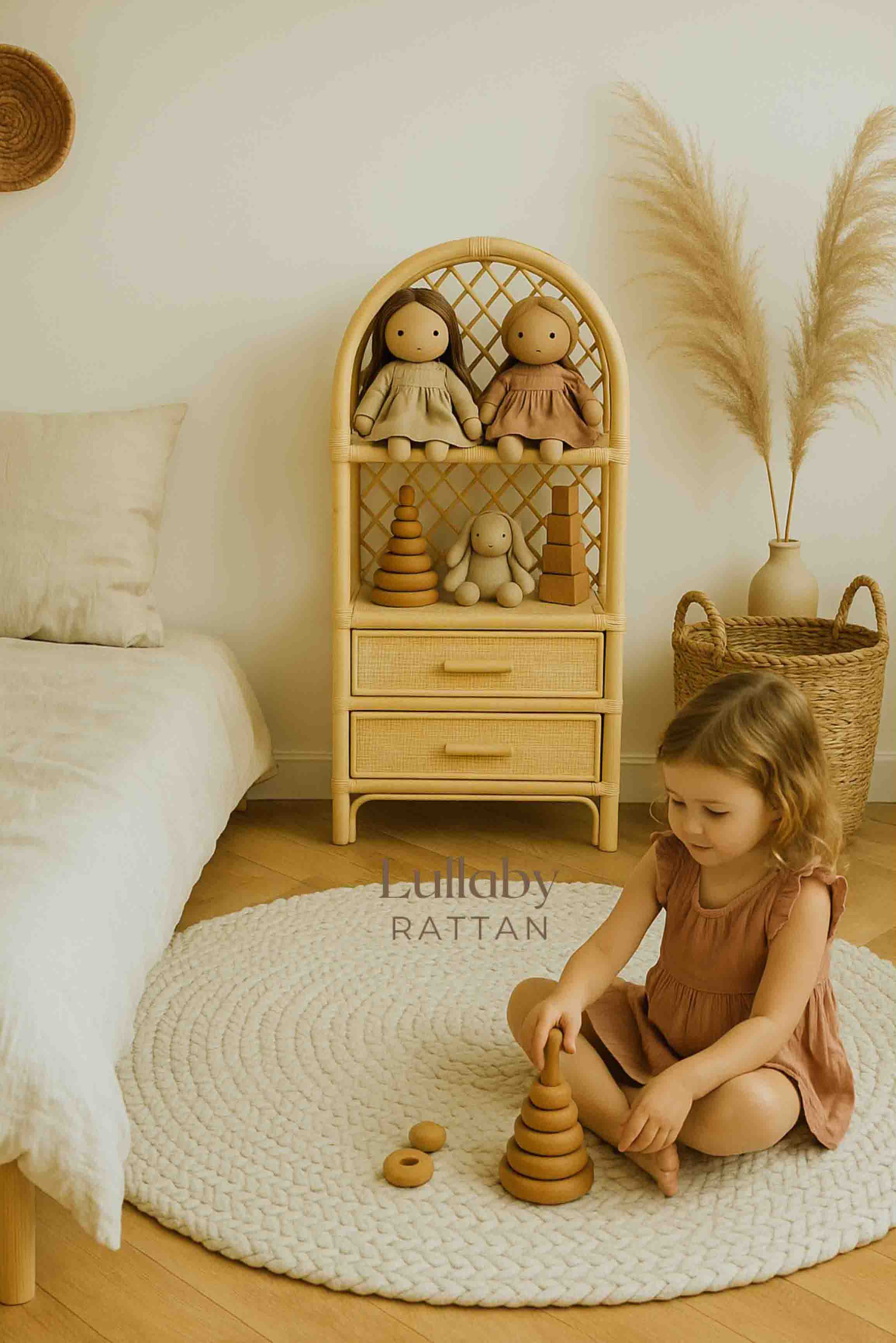 Boho Rattan Kids Bookshelf & Toy Storage | Montessori Doll Shelf – Eco-Friendly Nursery & Playroom Furniture - Image 5