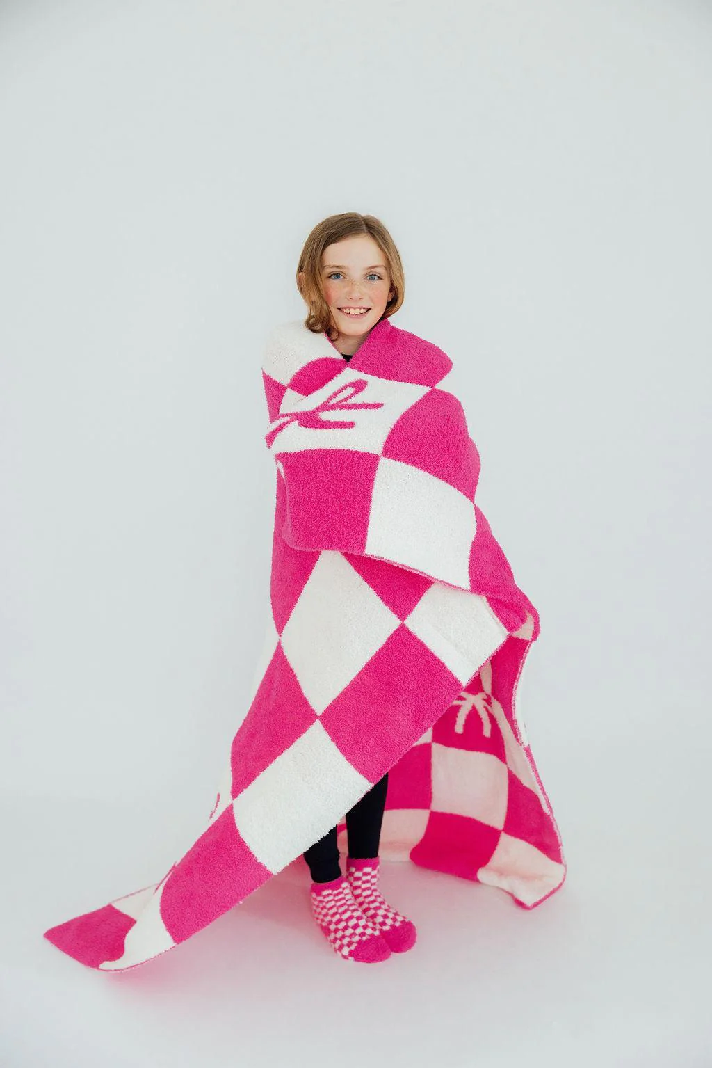Bright Pink Checker Bow Cozy Blanket - Image 2